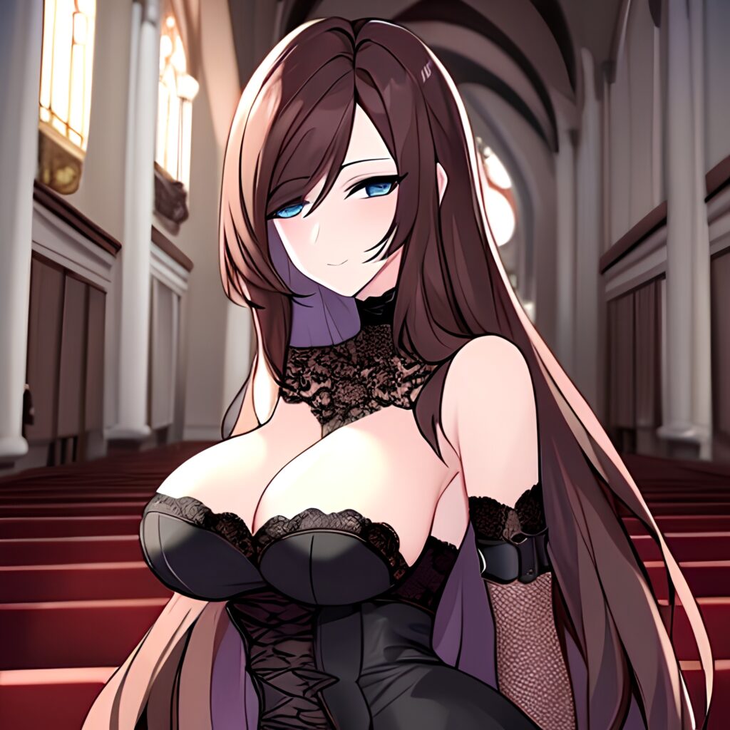 long hair messy hair brunette church fishnet woman