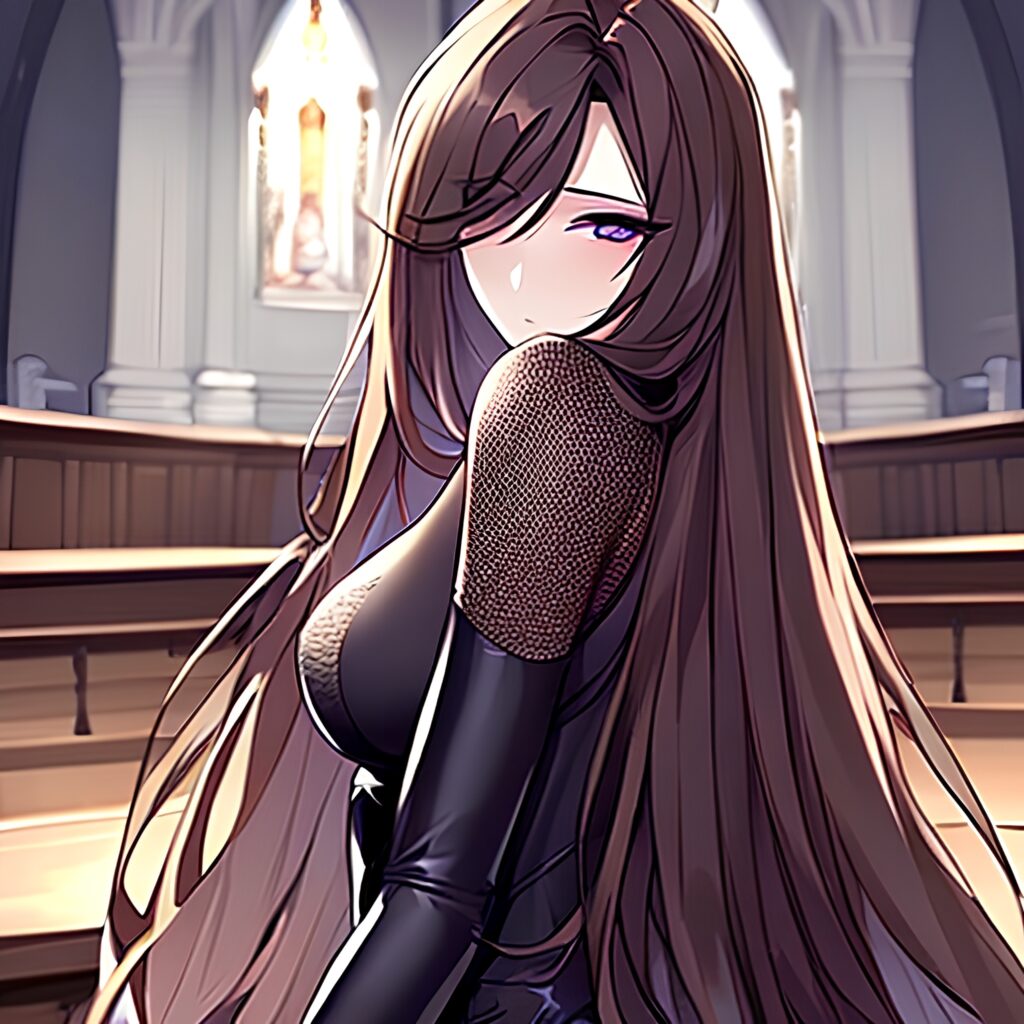 long hair messy hair brunette church fishnet woman 