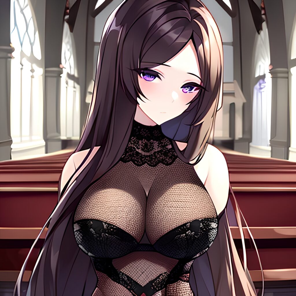 long hair messy hair brunette church woman fishnet 