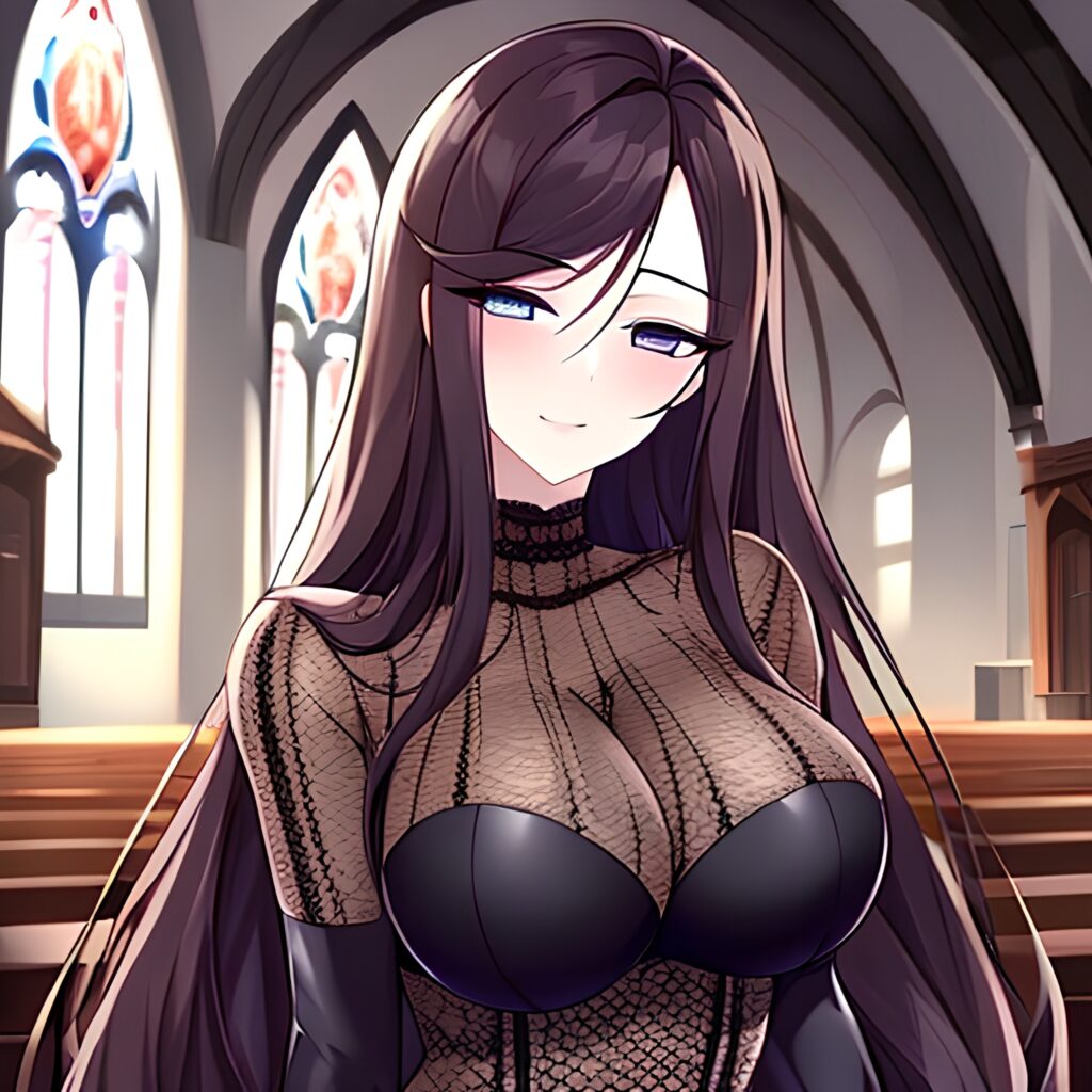 long hair messy hair brunette church woman fishnet