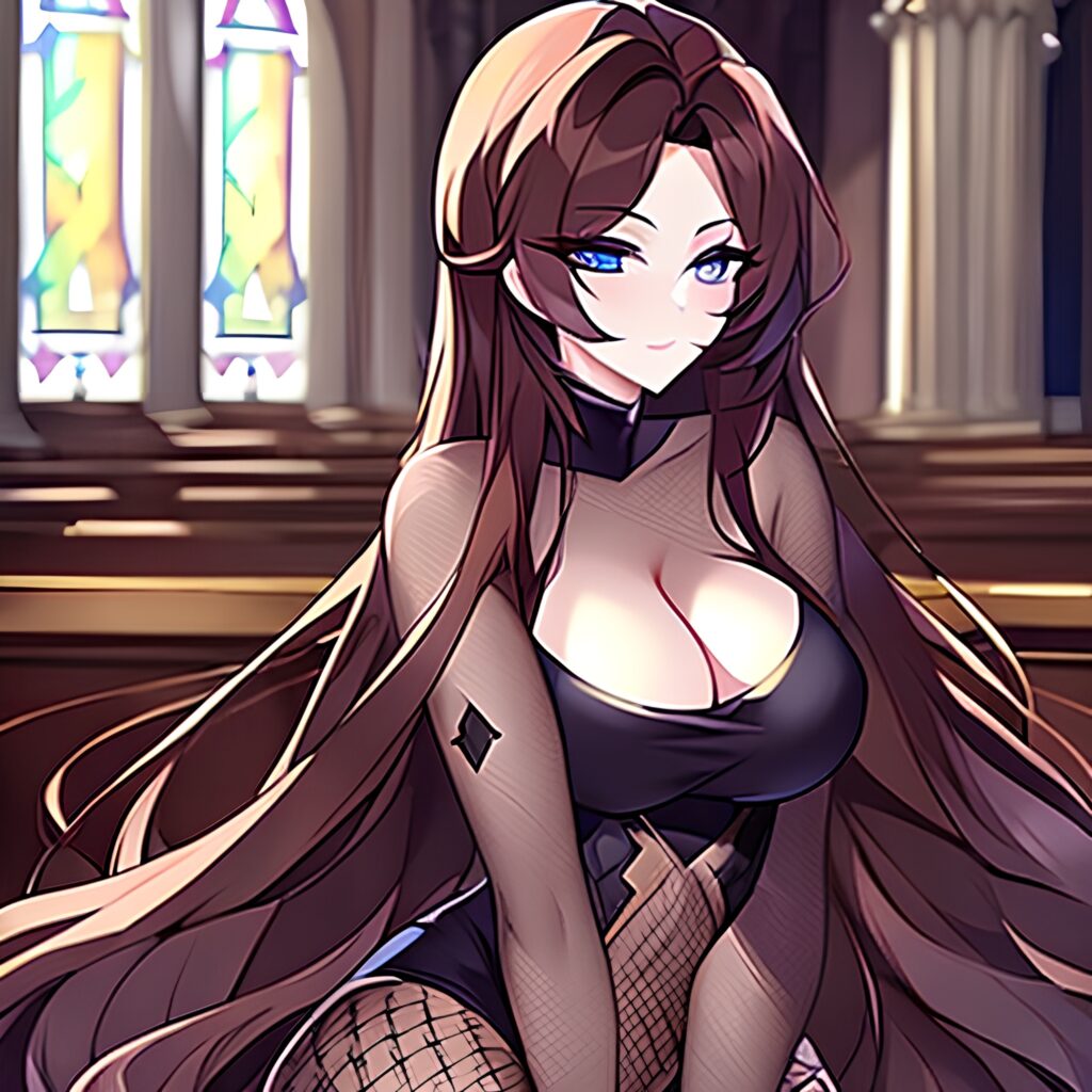 long hair messy hair brunette church woman fishnet 