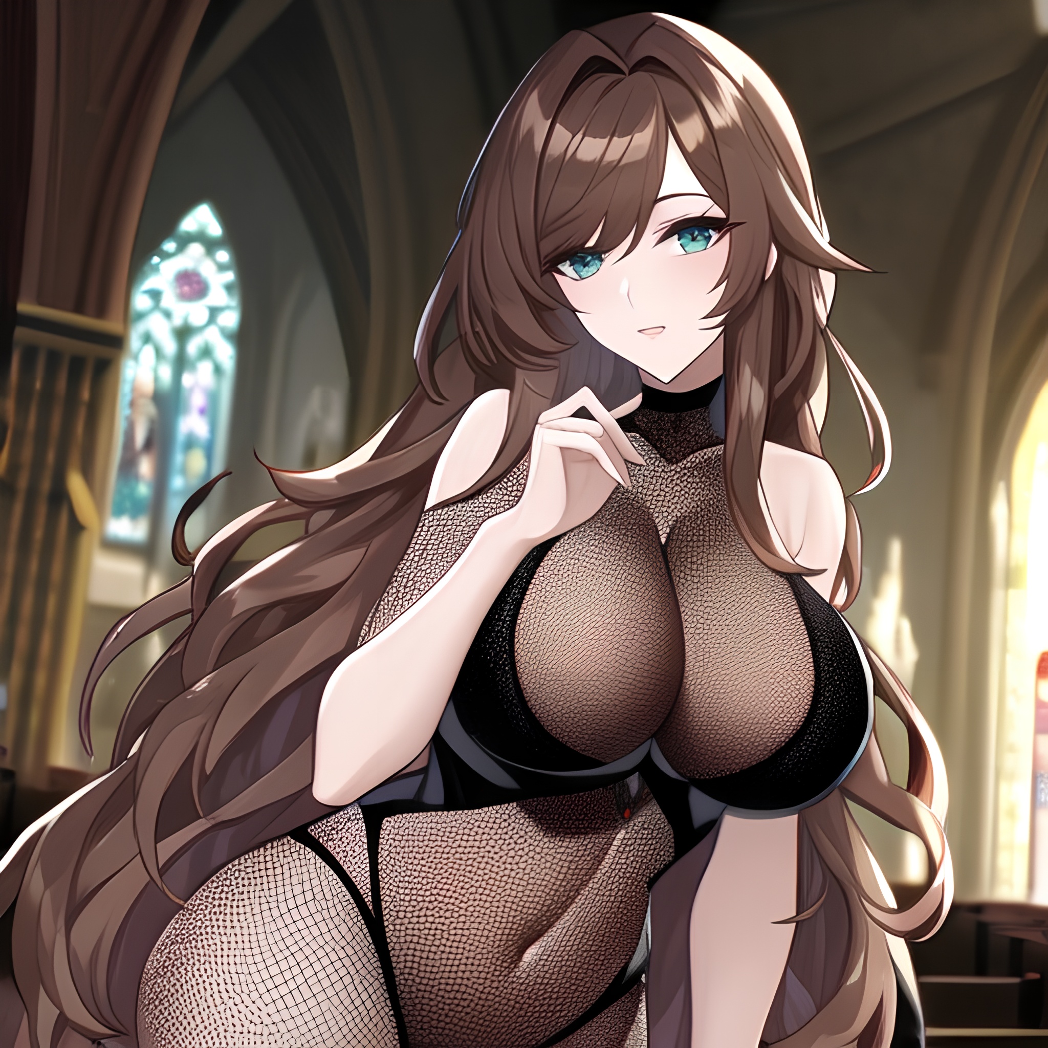 long hair messy hair brunette fishnet church woman