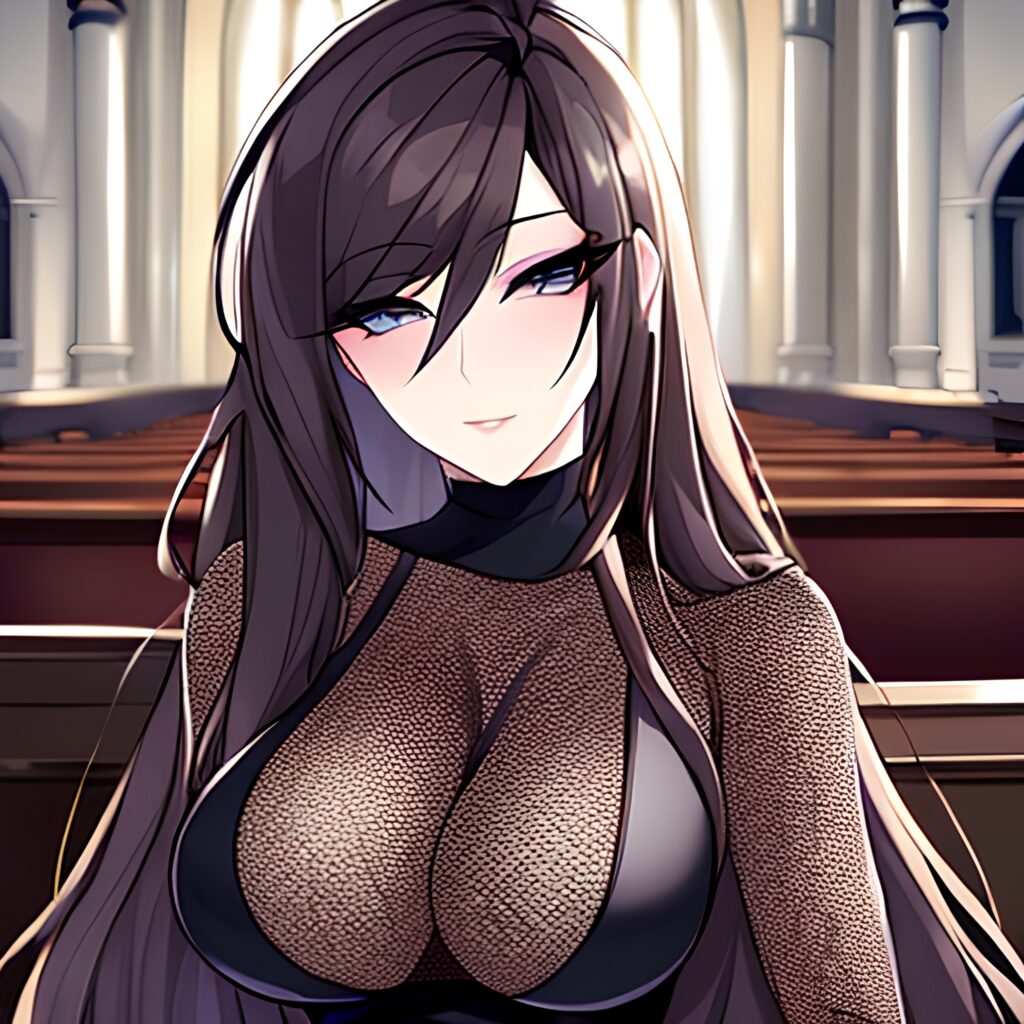 long hair messy hair brunette fishnet church woman 