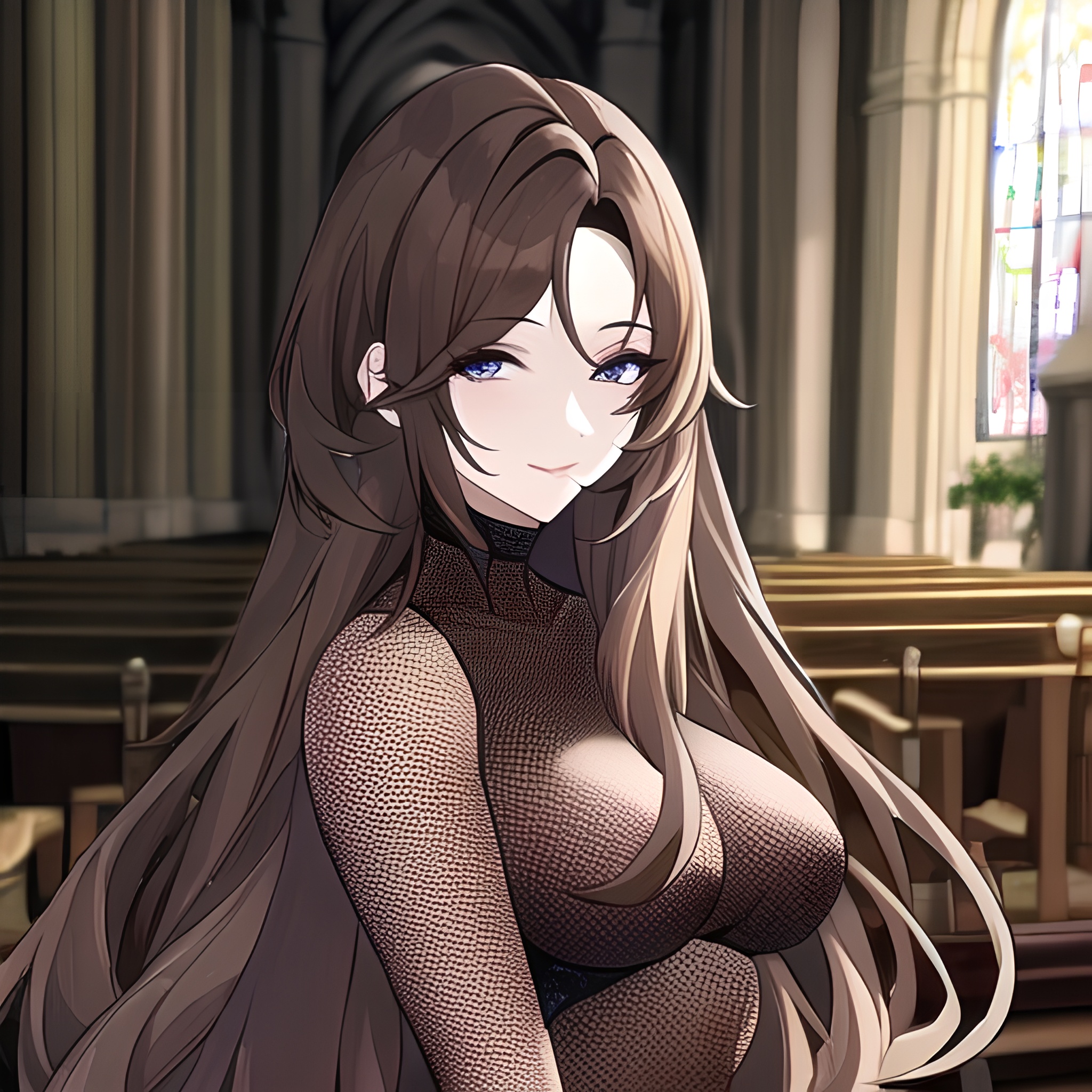 long hair messy hair brunette fishnet woman church