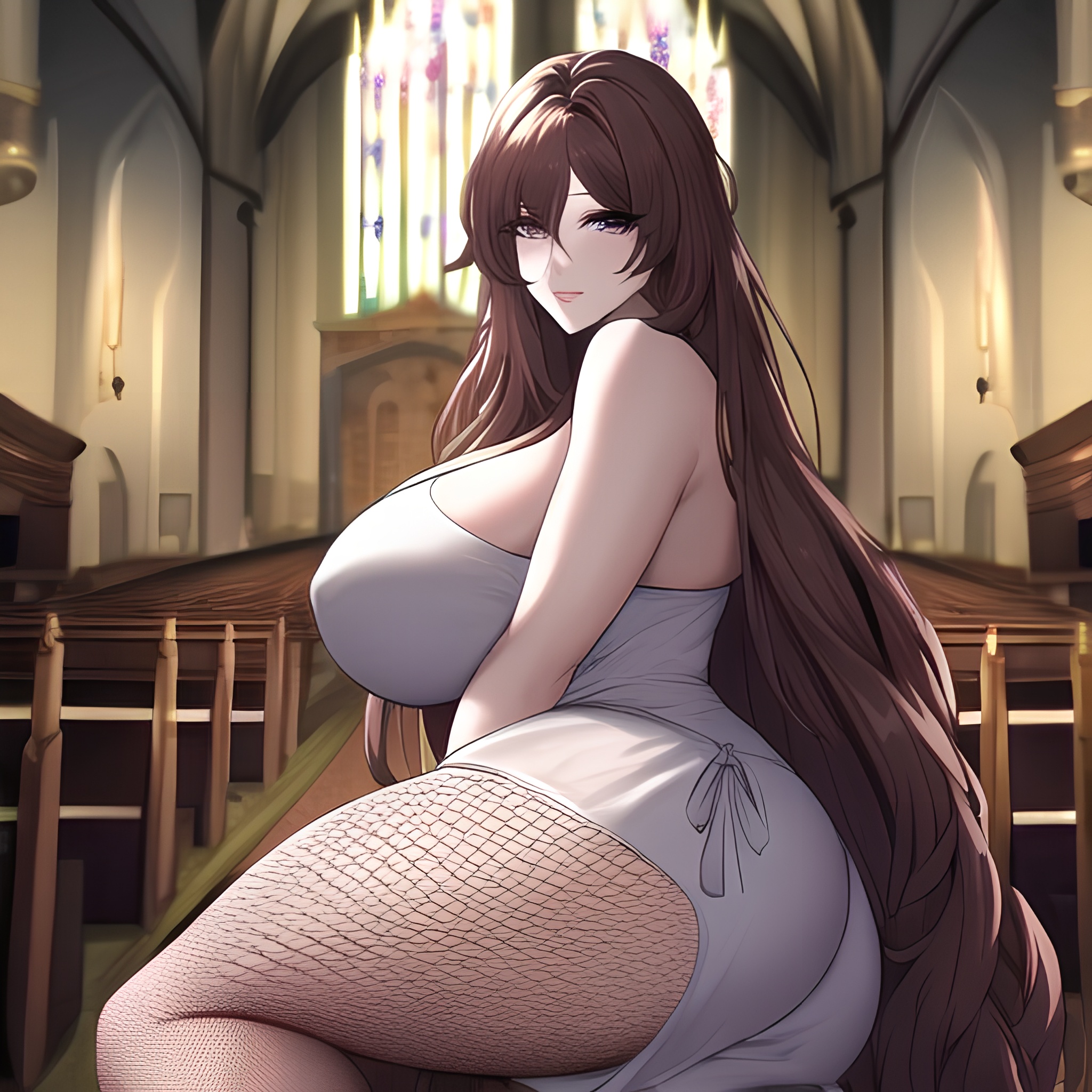 long hair messy hair brunette fishnet woman church