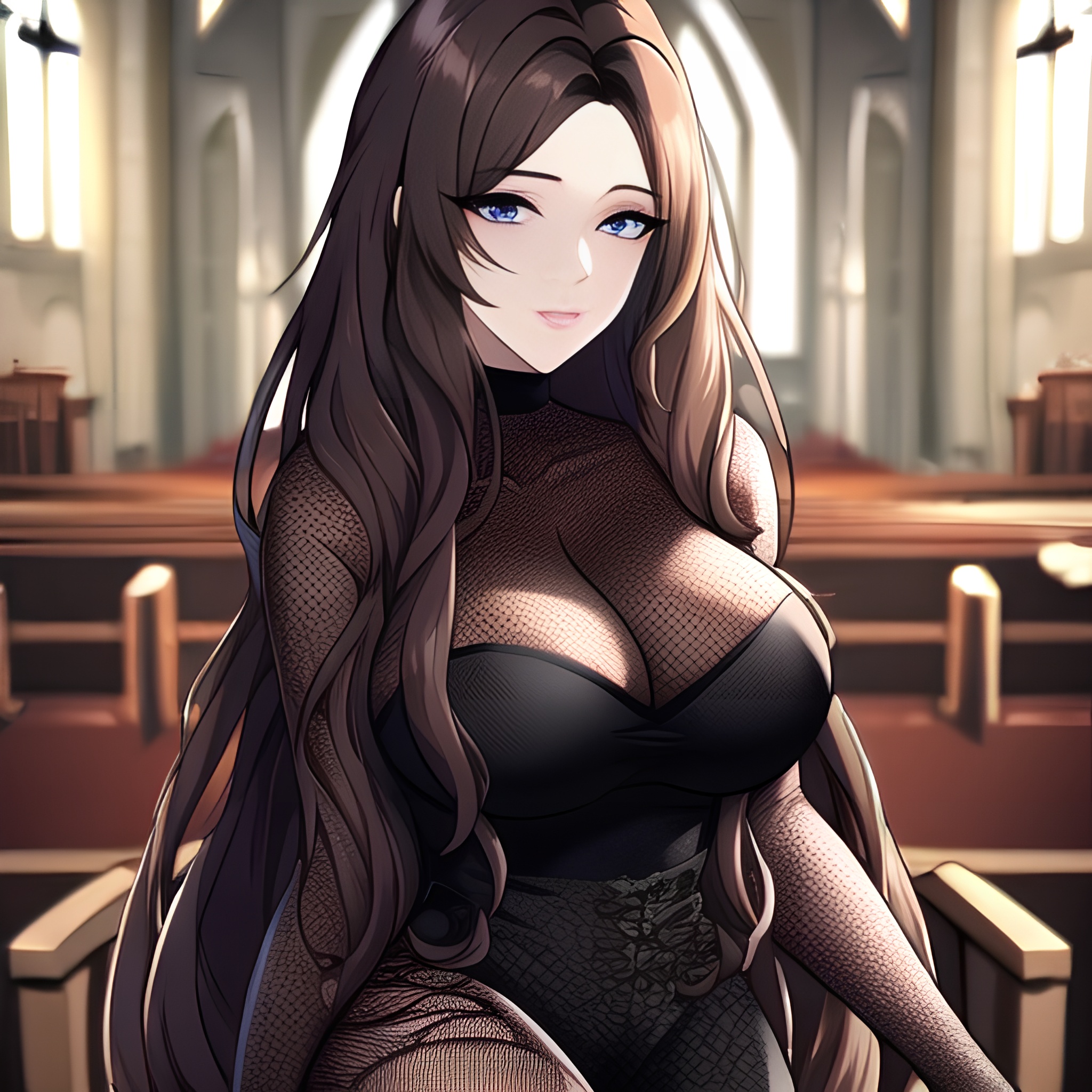 long hair messy hair brunette woman fishnet church