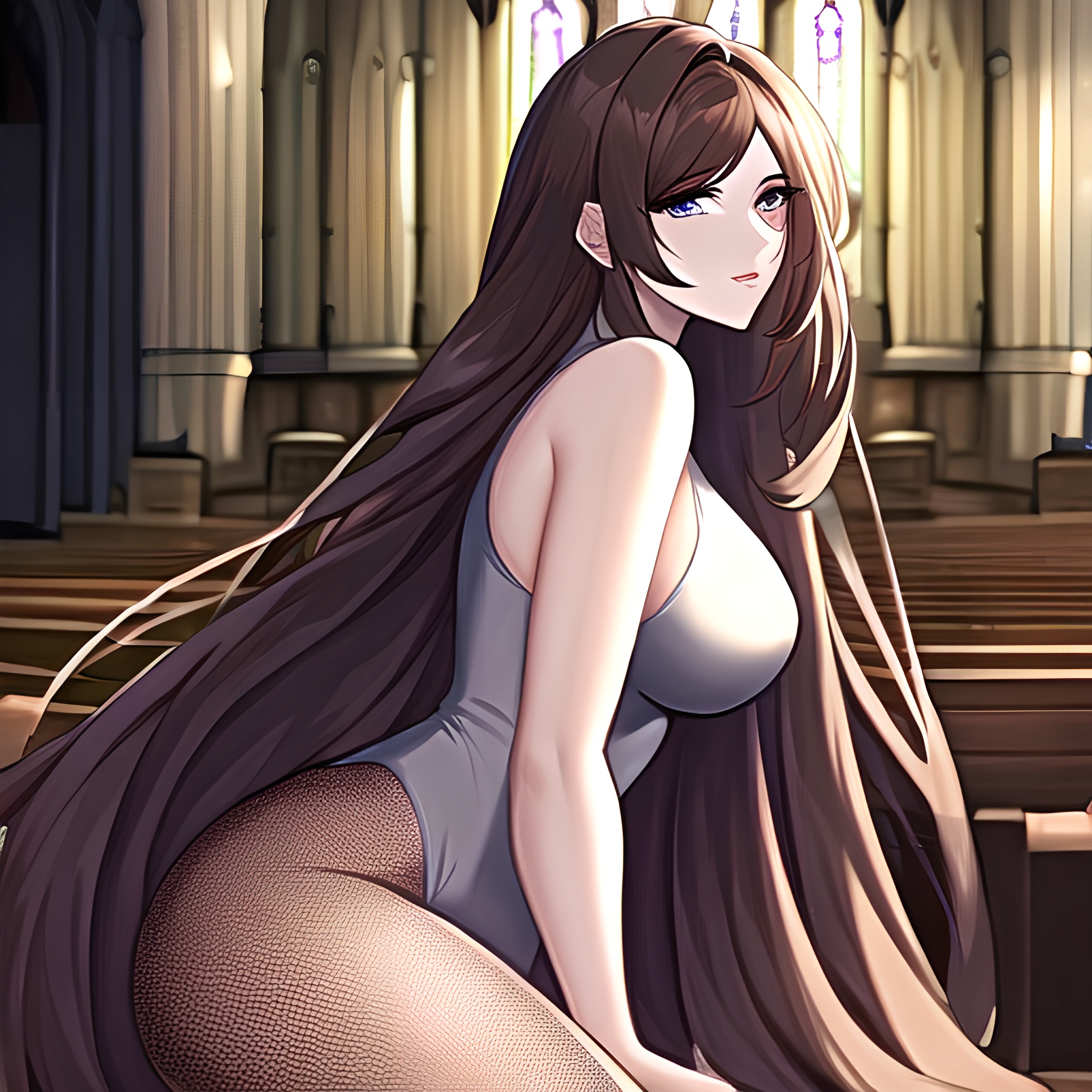 long hair messy hair brunette woman fishnet church