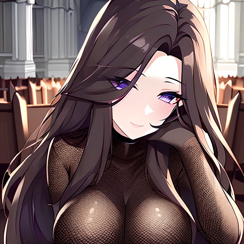 long hair messy hair church brunette fishnet woman