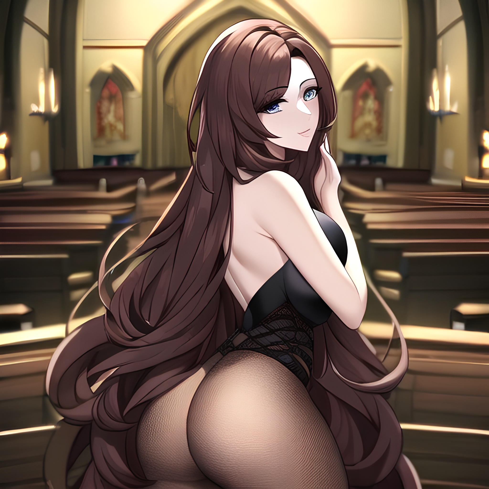 long hair messy hair church brunette woman fishnet