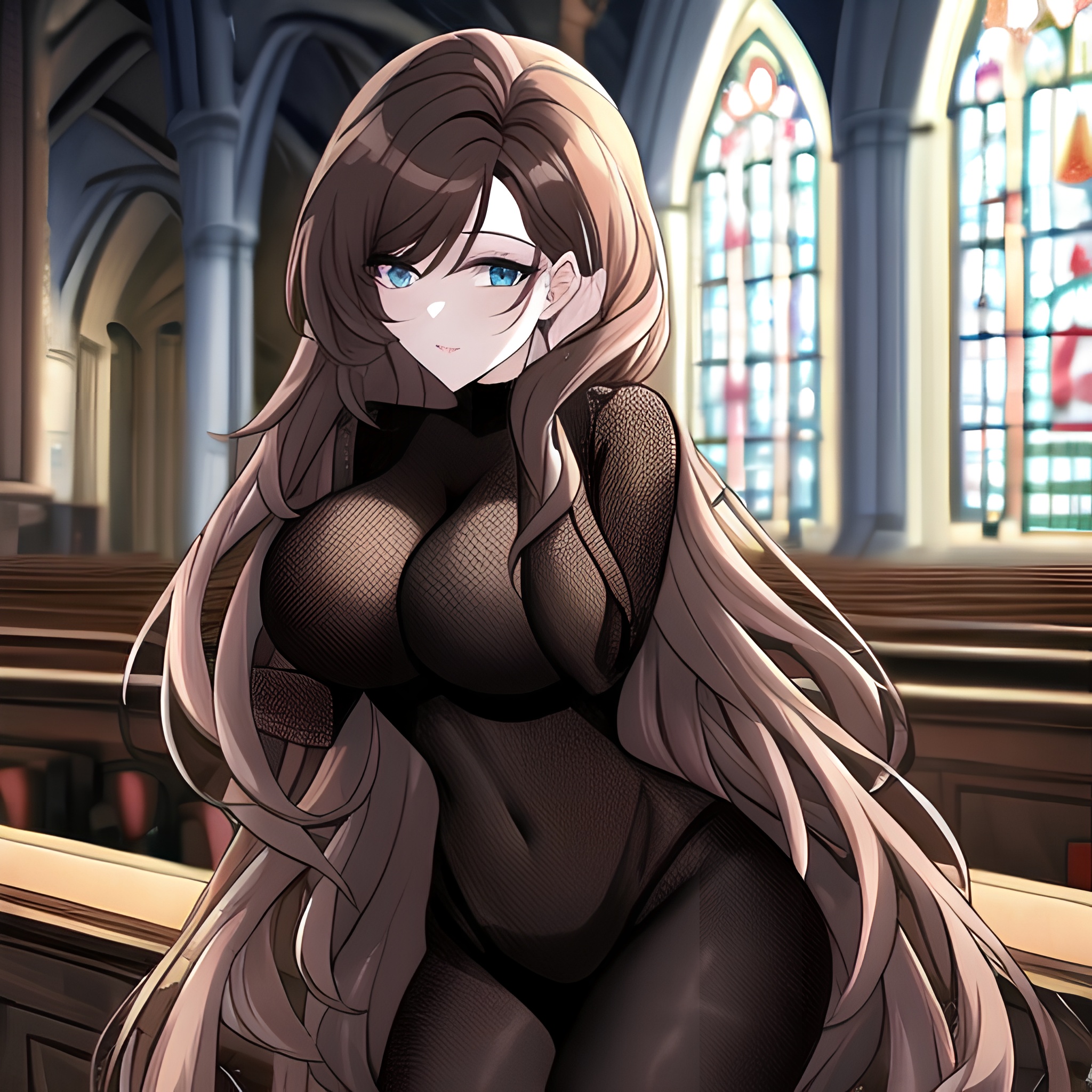 long hair messy hair church fishnet brunette woman 