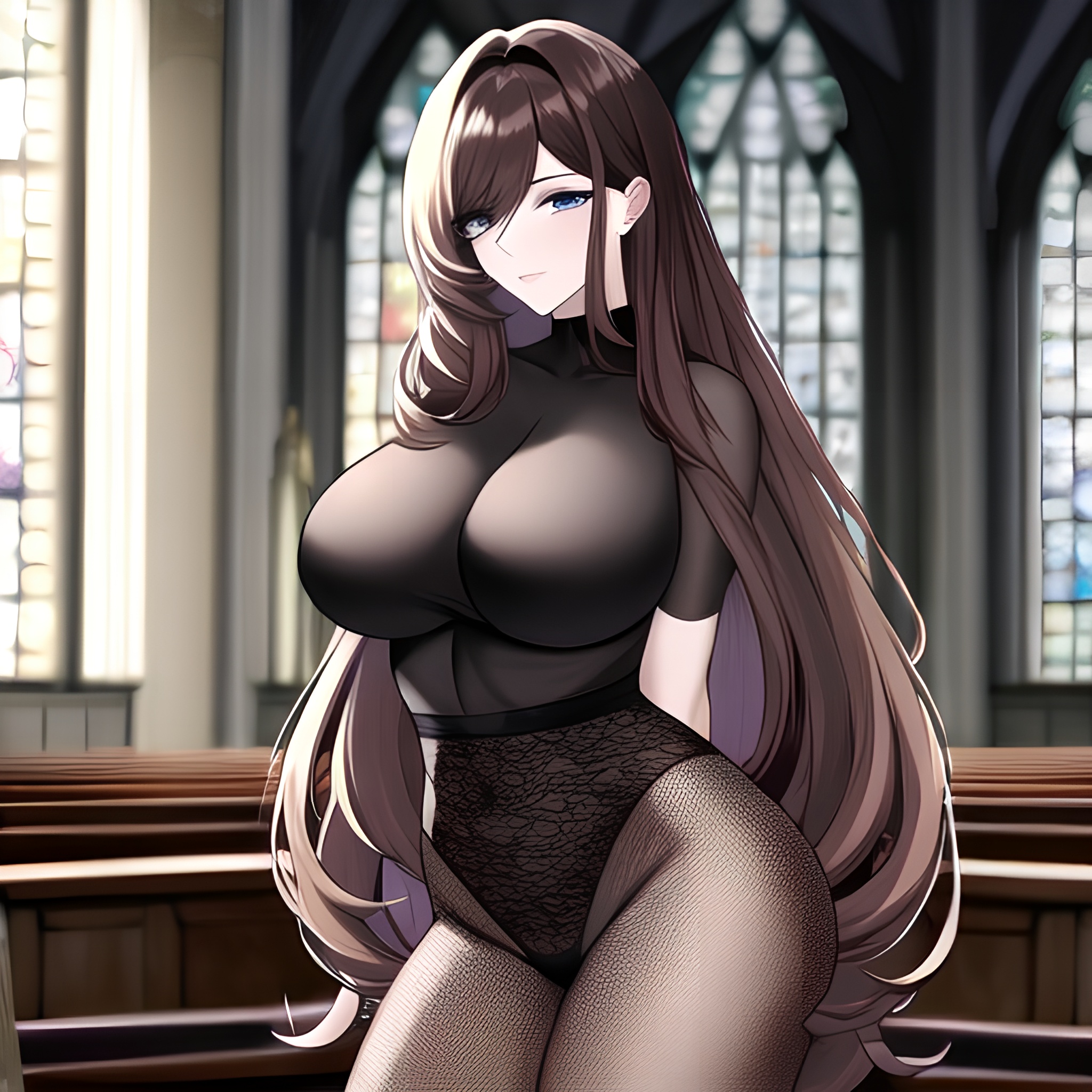 long hair messy hair church fishnet woman brunette 