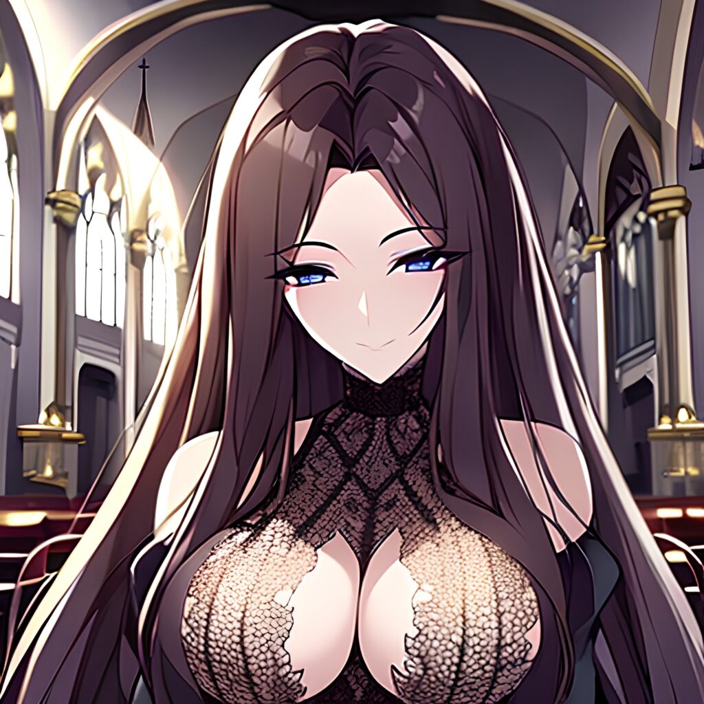 long hair messy hair church woman brunette fishnet