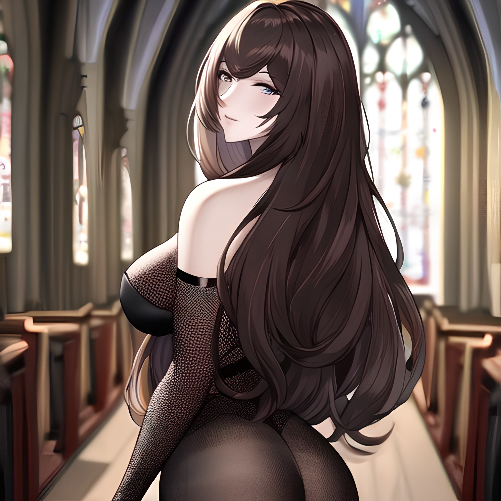 long hair messy hair church woman brunette fishnet
