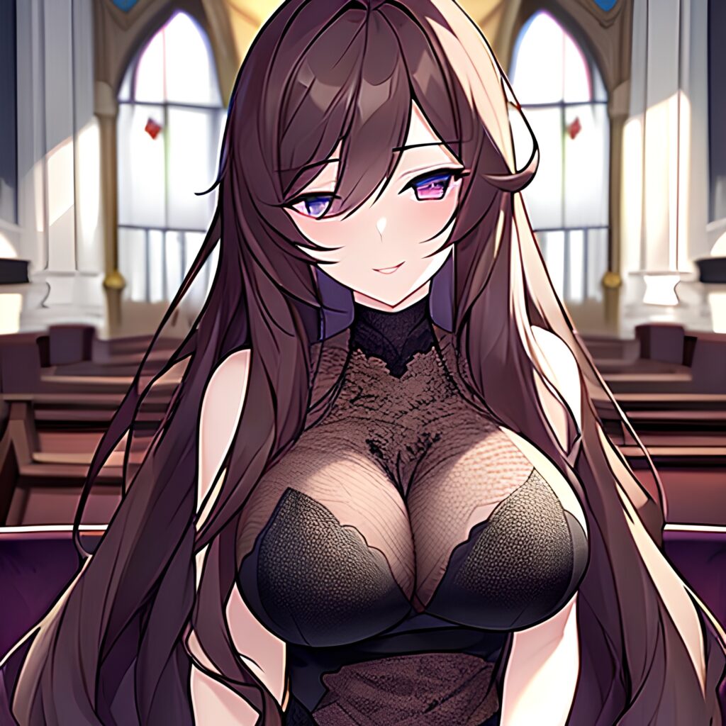 long hair messy hair church woman brunette fishnet 