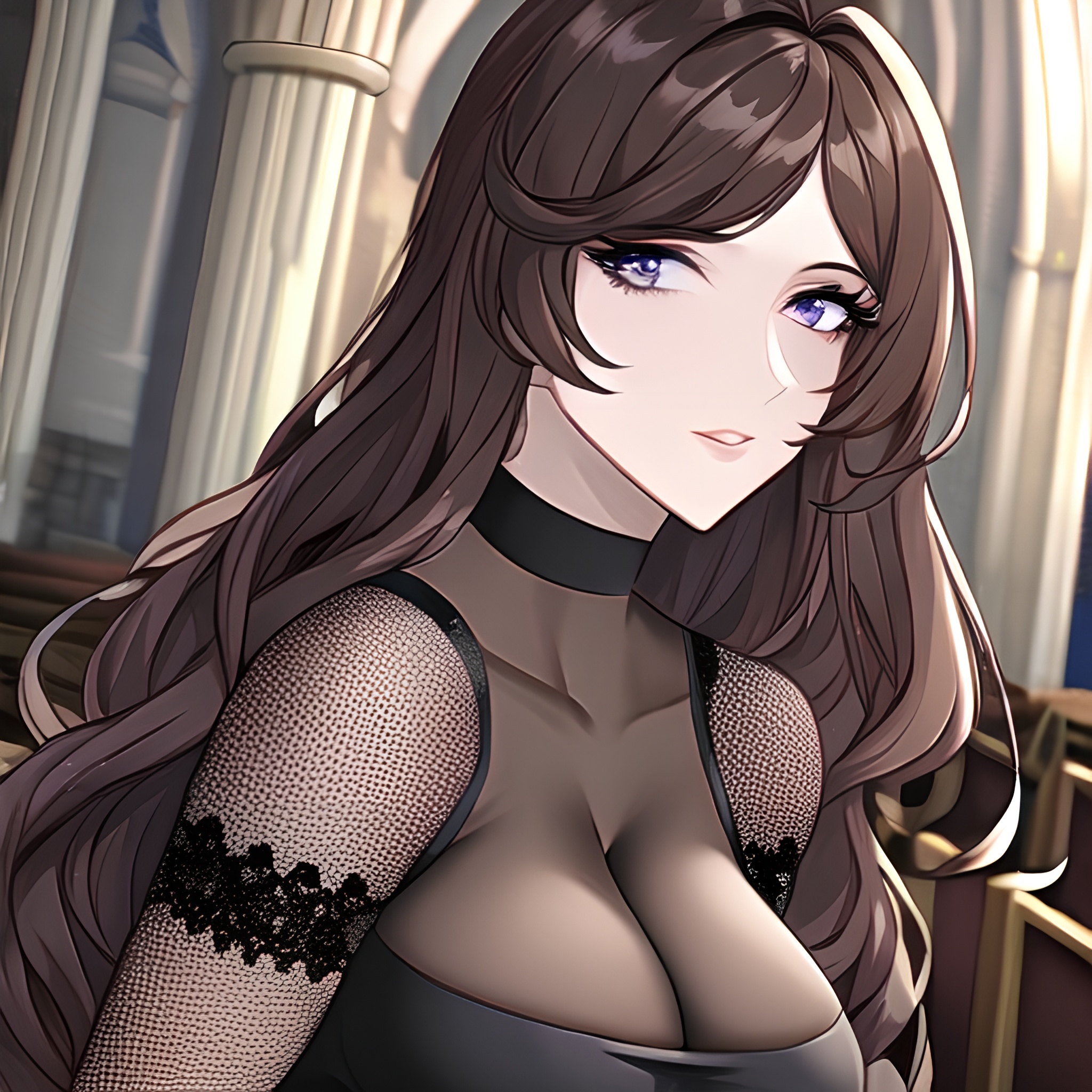 long hair messy hair church woman brunette fishnet