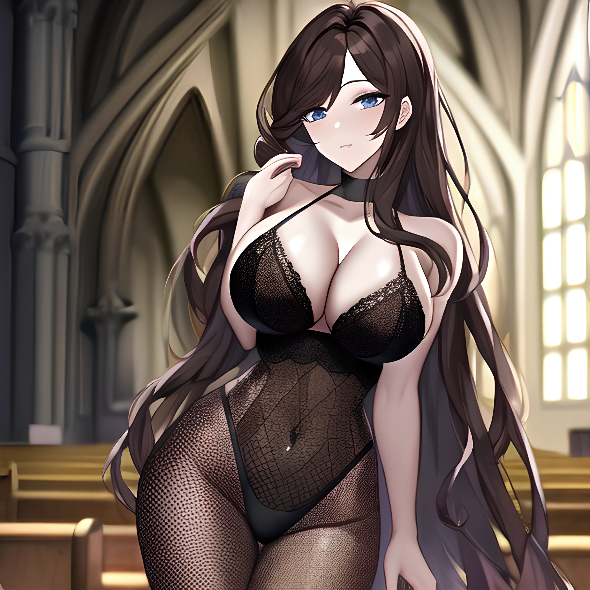 long hair messy hair church woman fishnet brunette