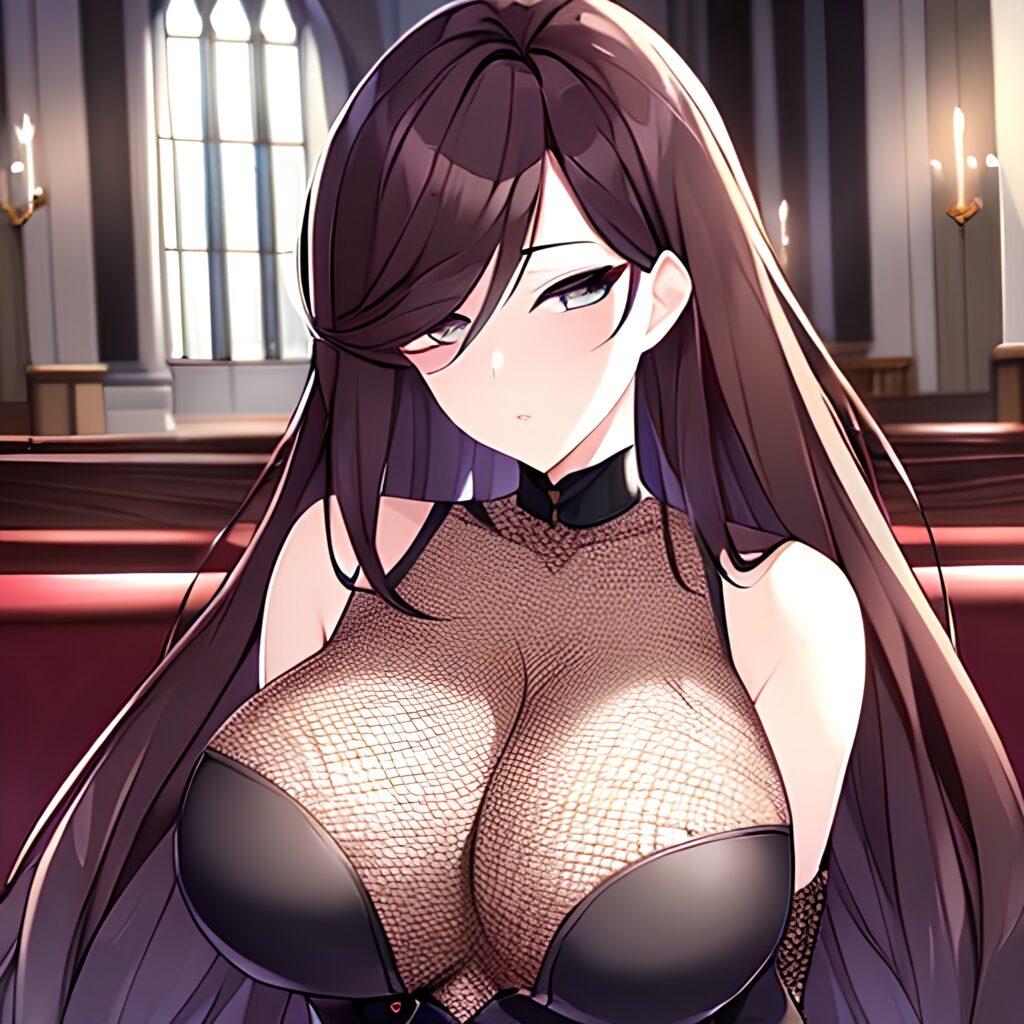 long hair messy hair church woman fishnet brunette