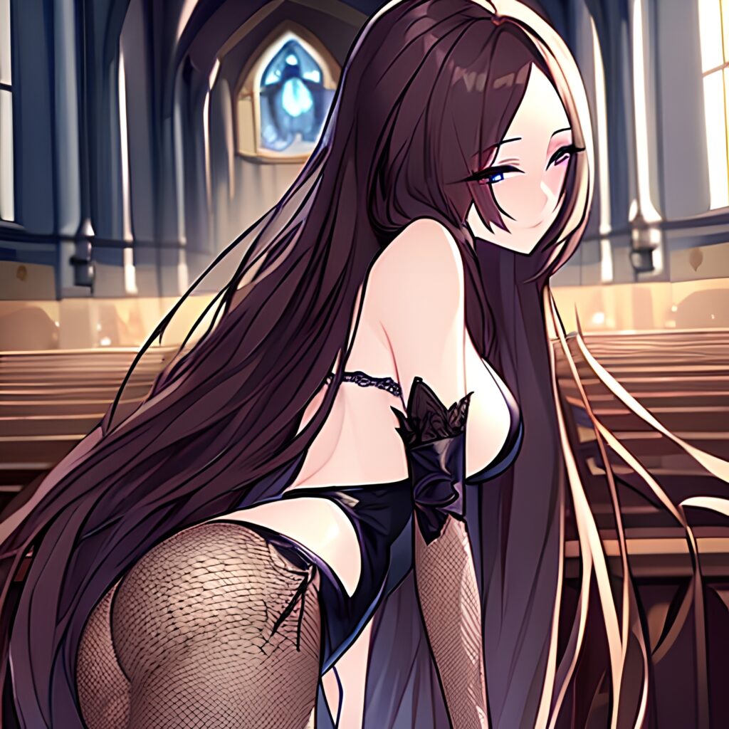 long hair messy hair church woman fishnet brunette