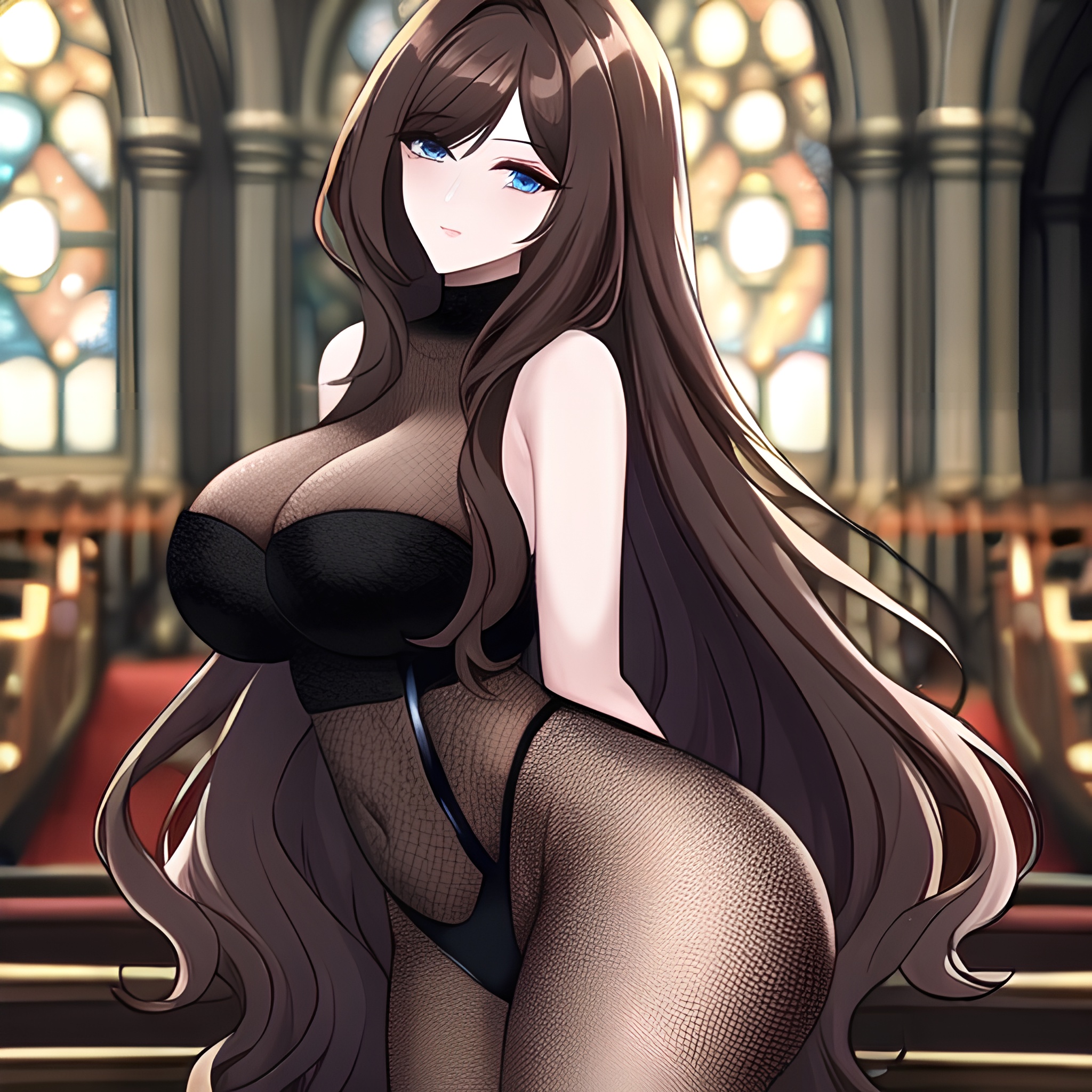 long hair messy hair fishnet brunette church woman 