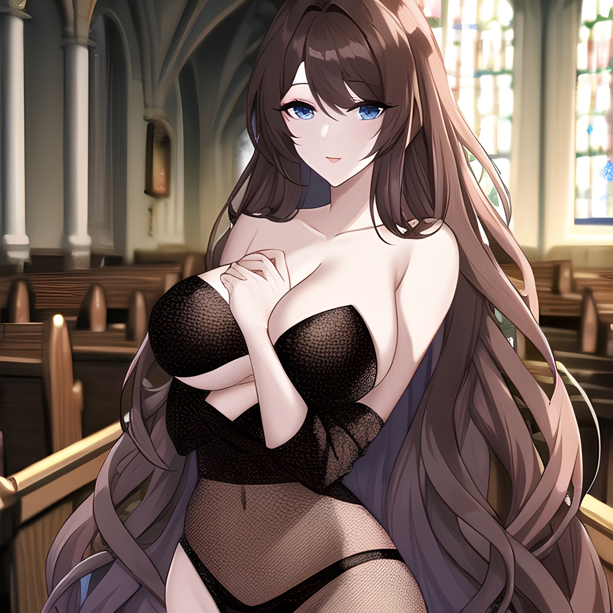 long hair messy hair fishnet brunette woman church