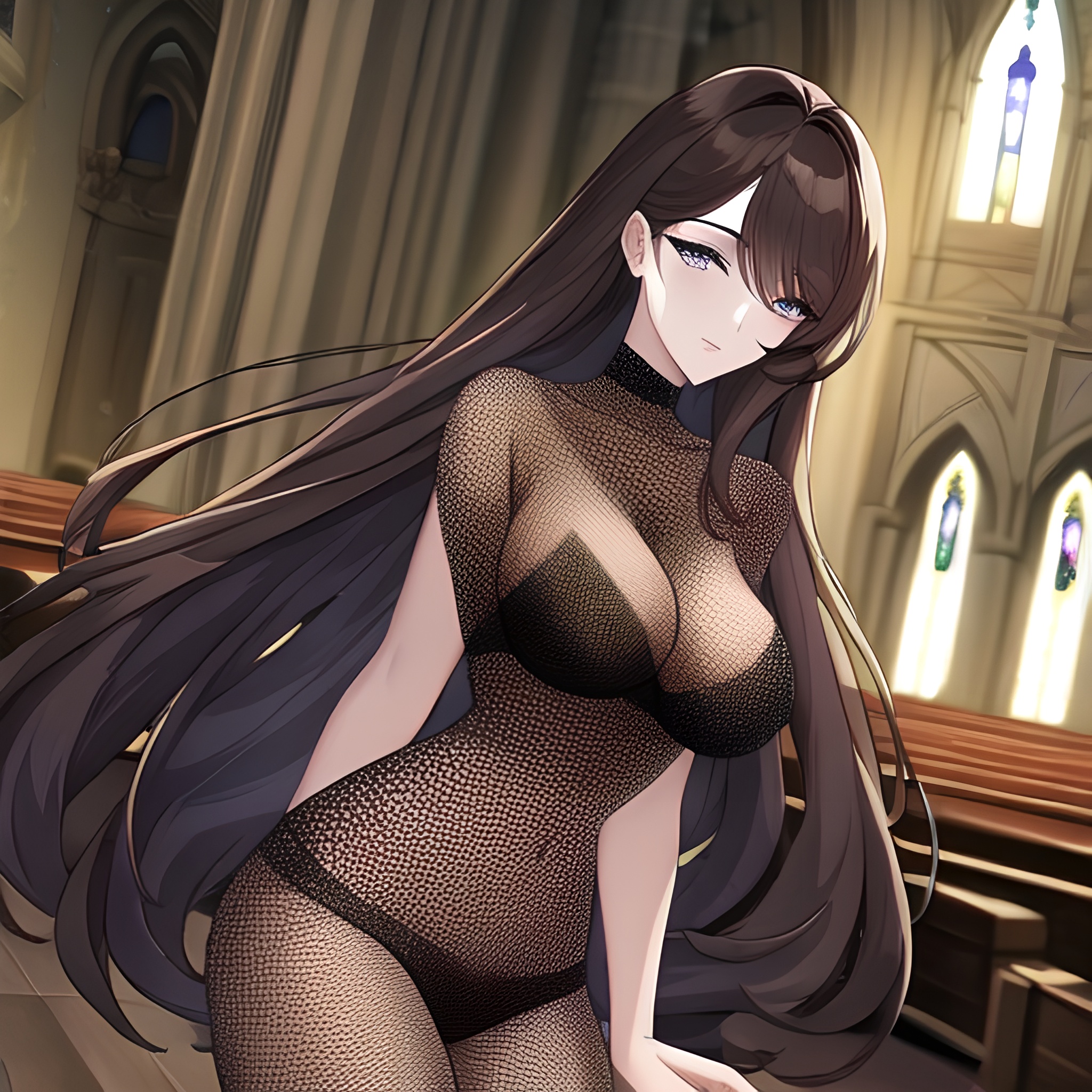 long hair messy hair fishnet brunette woman church 