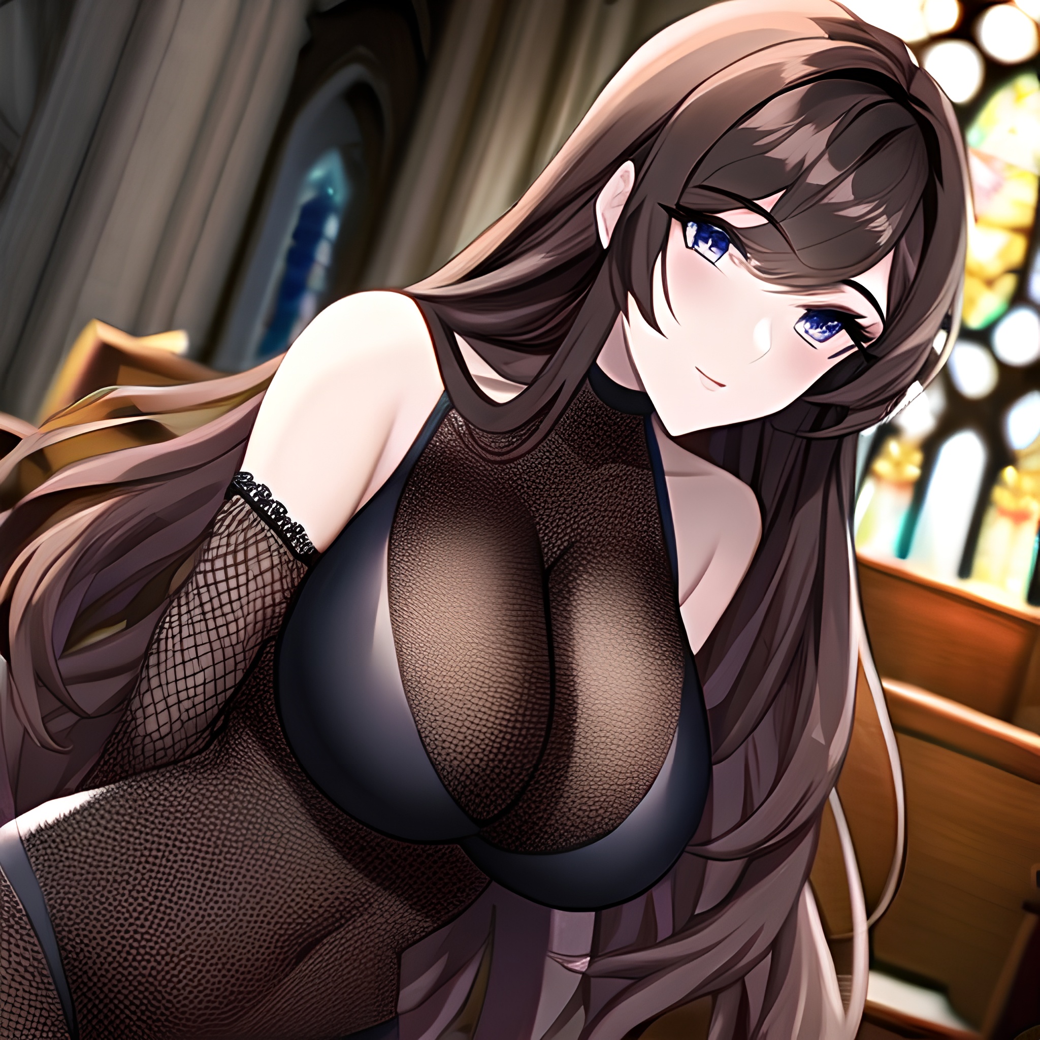 long hair messy hair fishnet church brunette woman