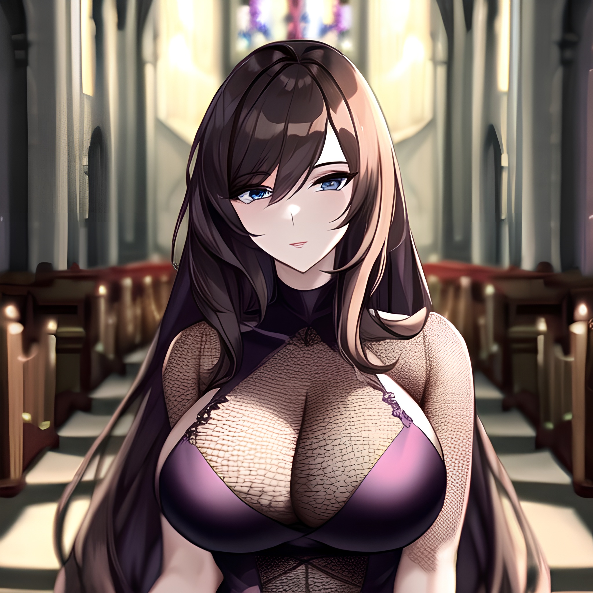 long hair messy hair fishnet church brunette woman