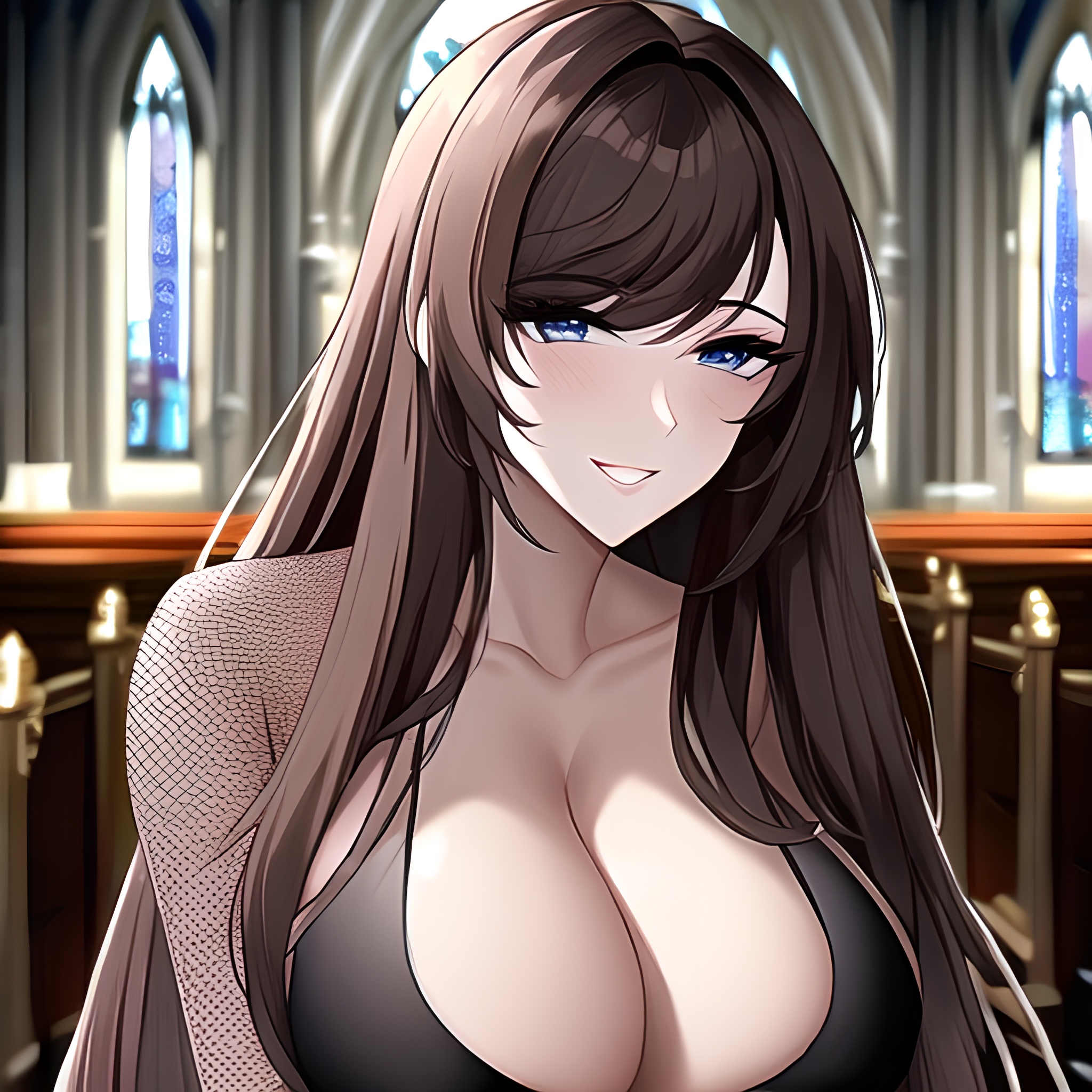 long hair messy hair fishnet church woman brunette 