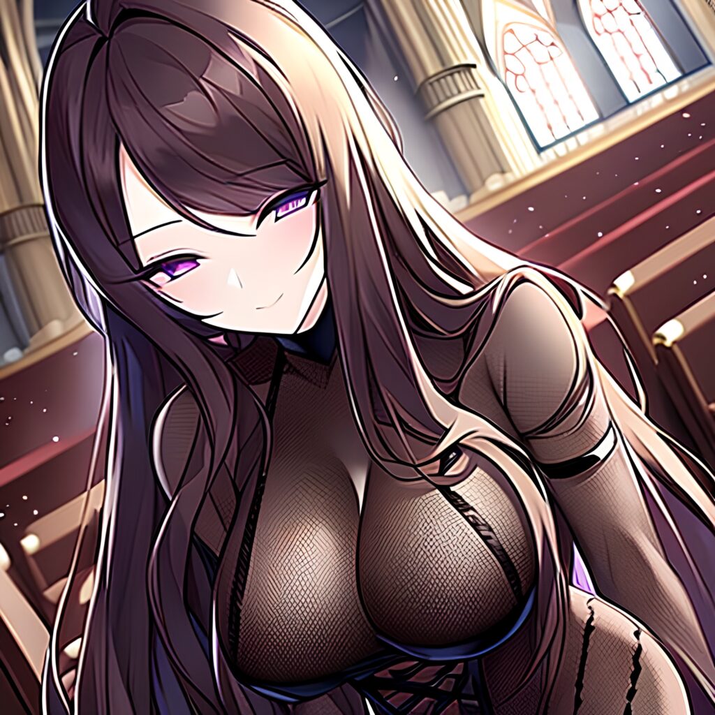 long hair messy hair fishnet woman brunette church 