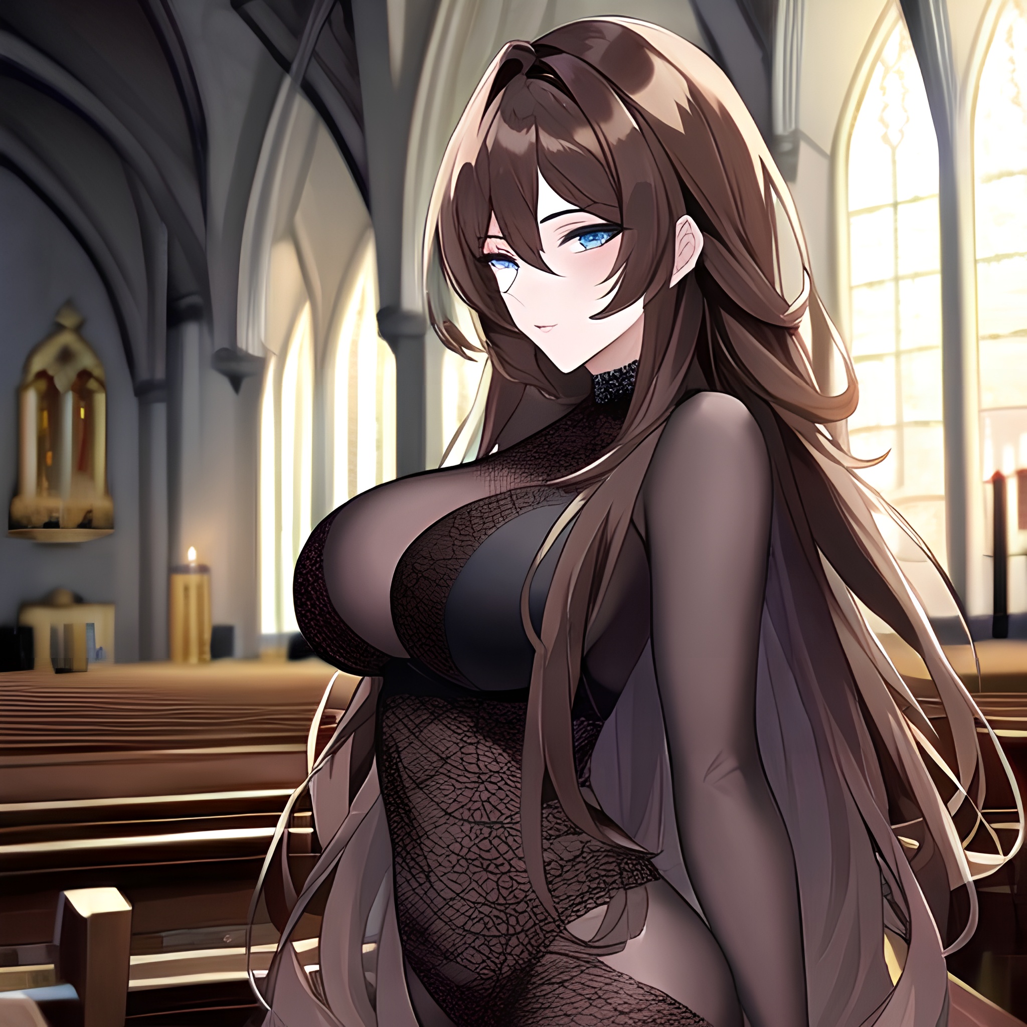 long hair messy hair fishnet woman brunette church 