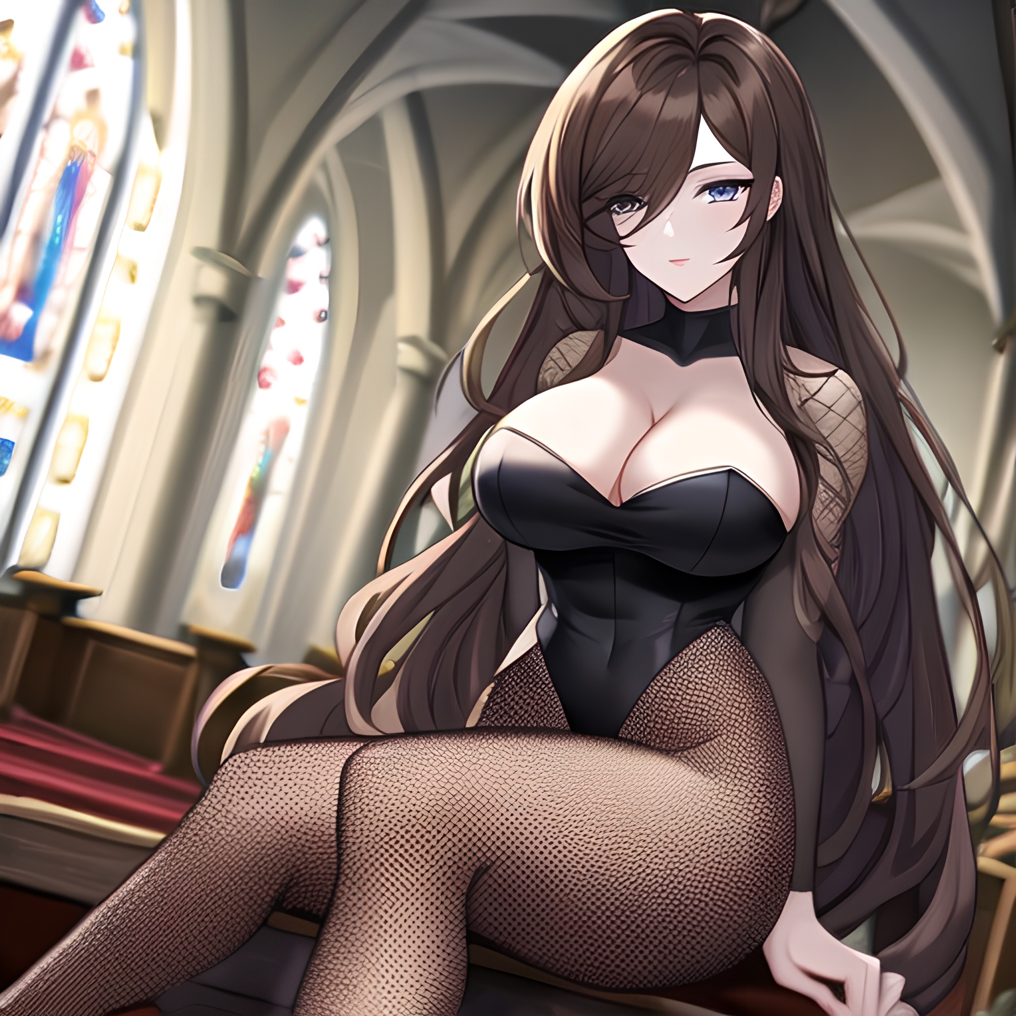 long hair messy hair fishnet woman church brunette