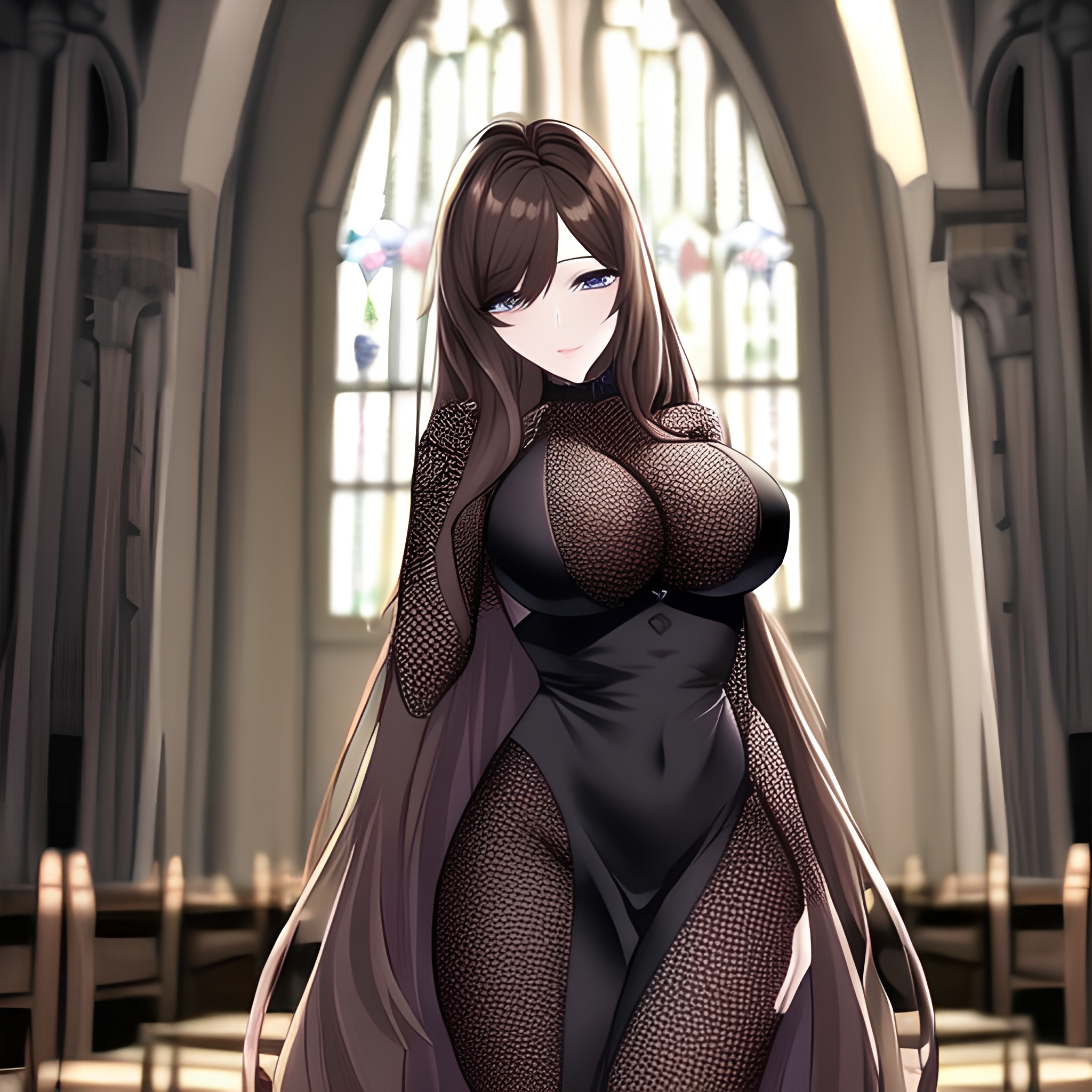 long hair messy hair woman brunette church fishnet 