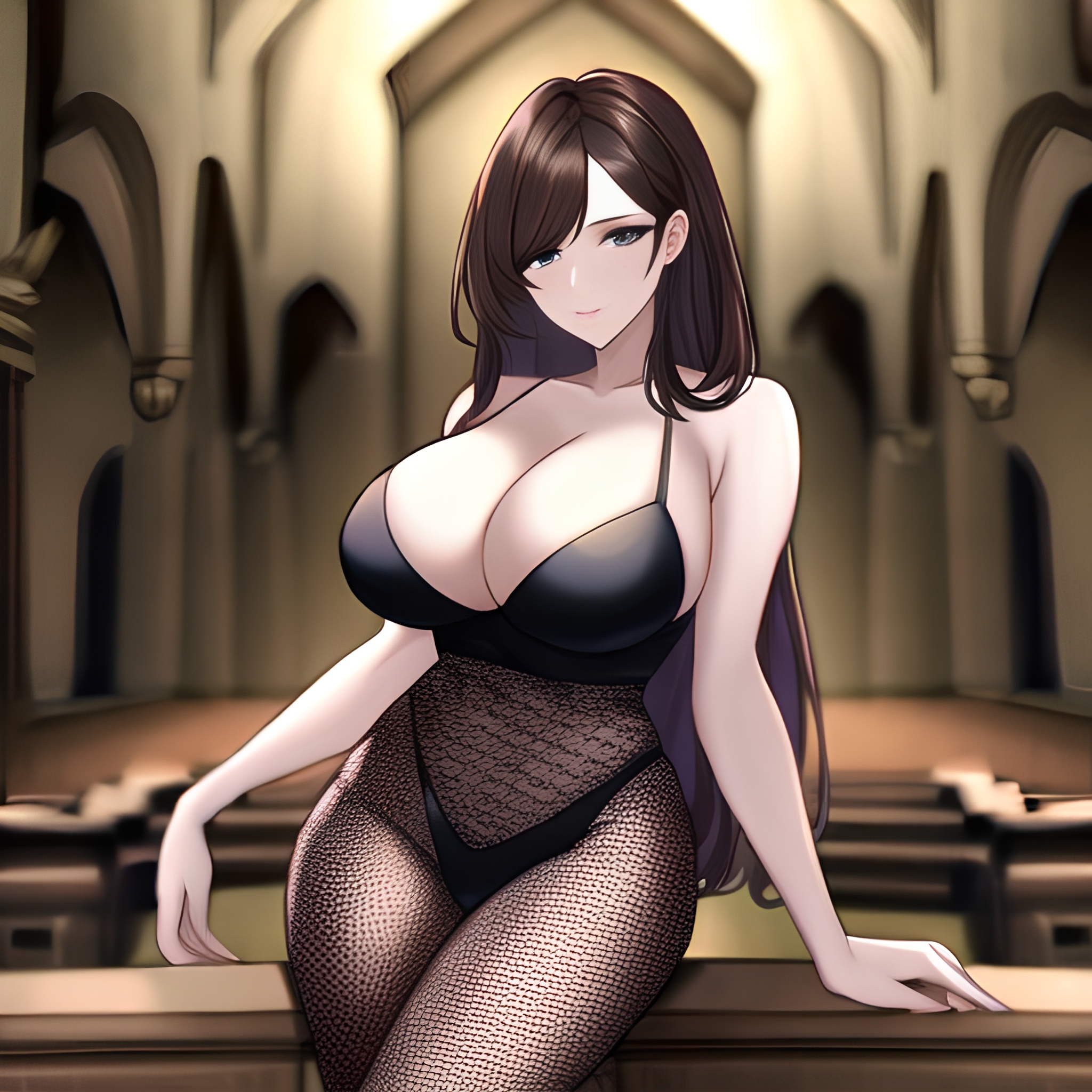 long hair messy hair woman brunette church fishnet