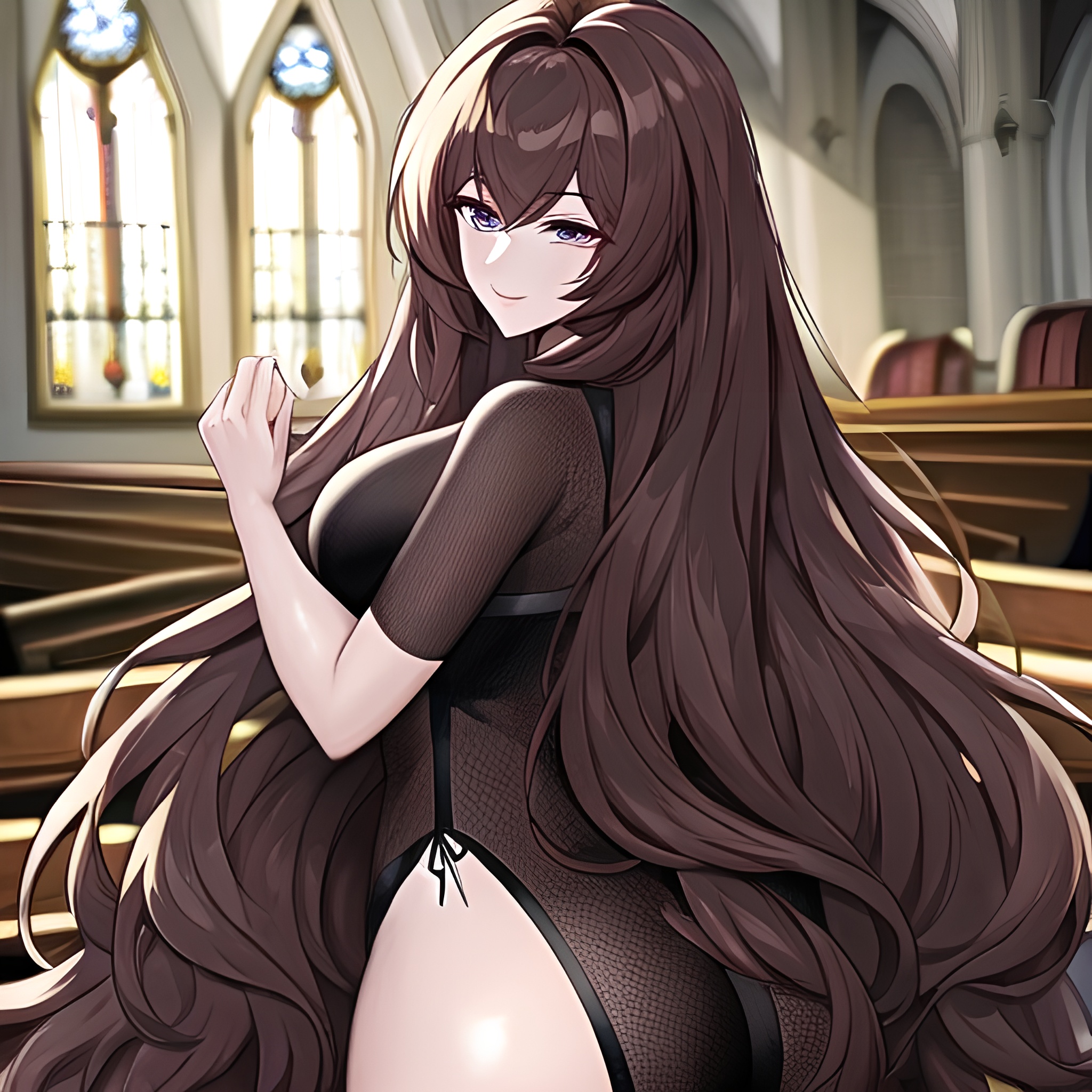 long hair messy hair woman brunette fishnet church 