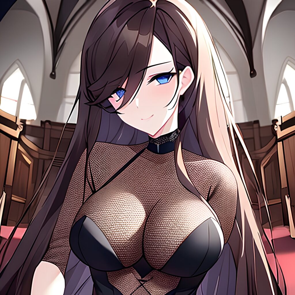 long hair messy hair woman brunette fishnet church 