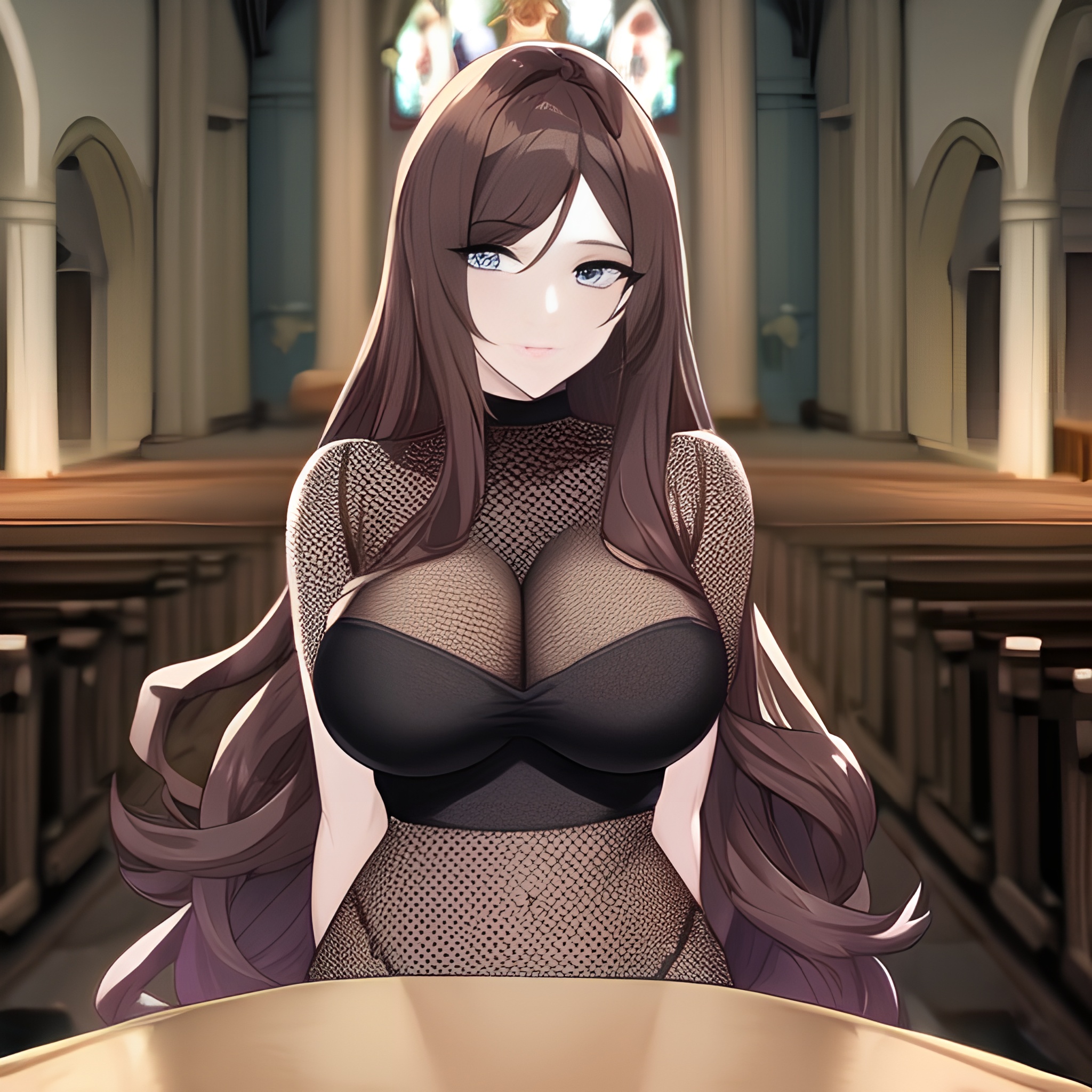 long hair messy hair woman brunette fishnet church 