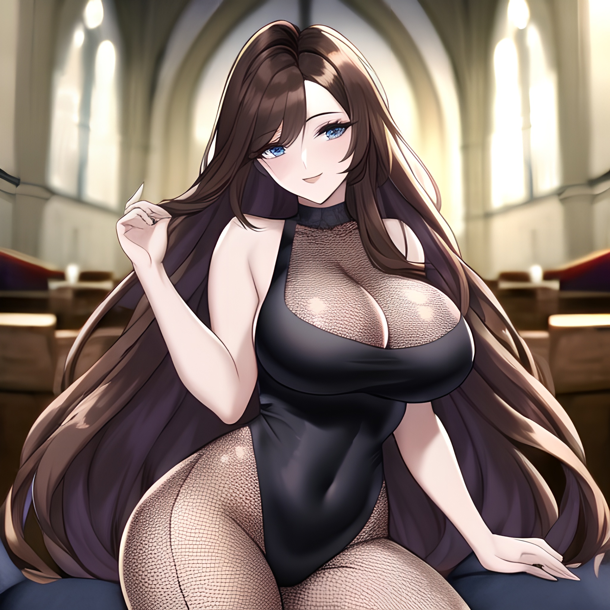 long hair messy hair woman church brunette fishnet 