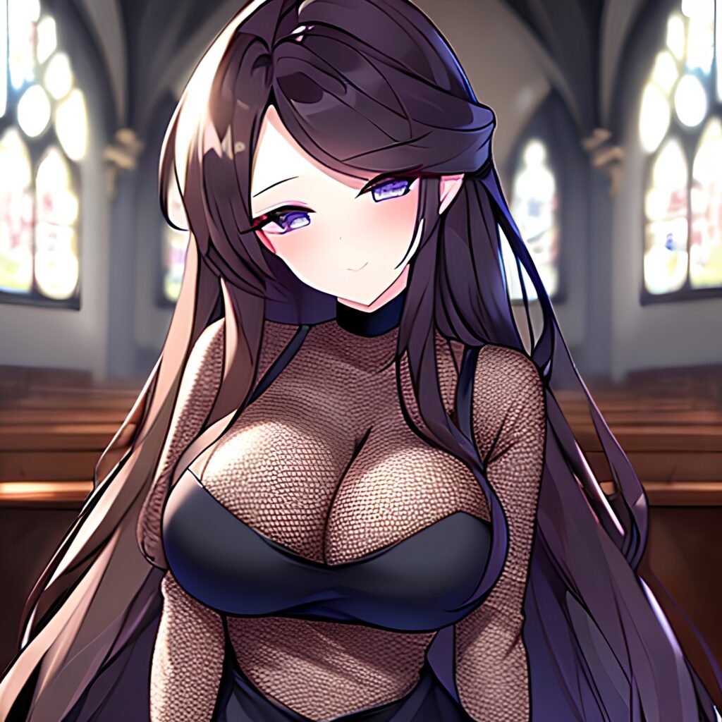 long hair messy hair woman church brunette fishnet 