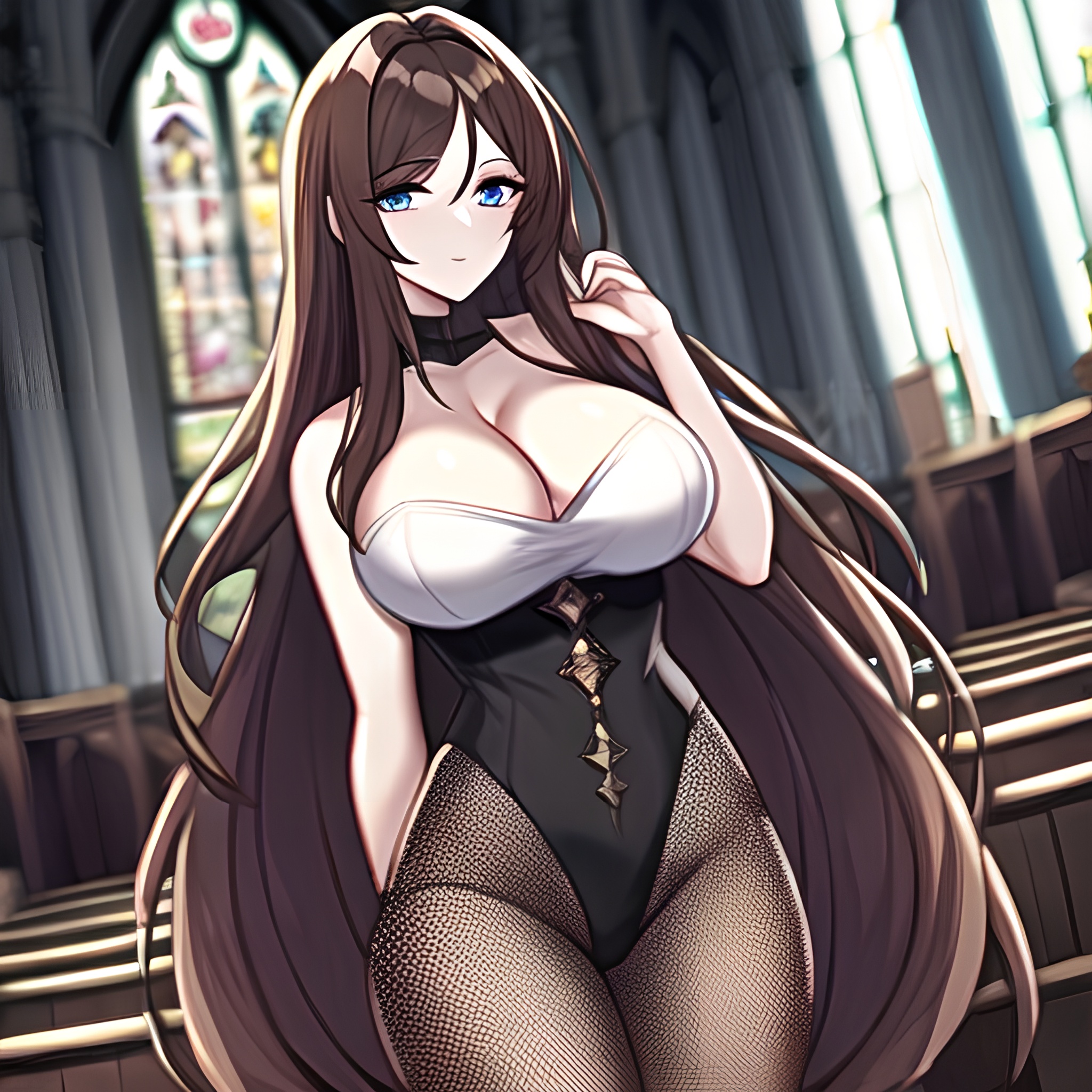 long hair messy hair woman church brunette fishnet 