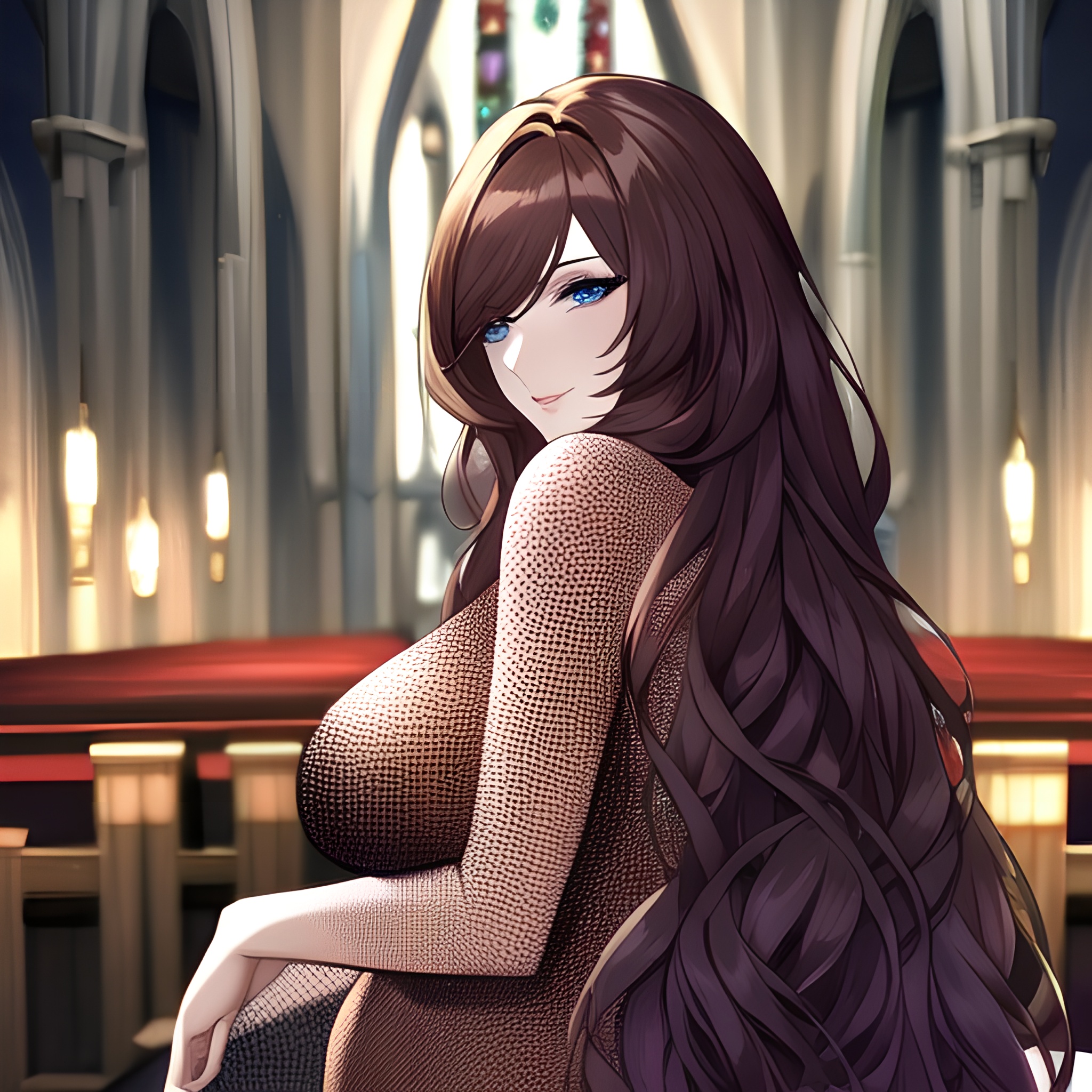 long hair messy hair woman church fishnet brunette