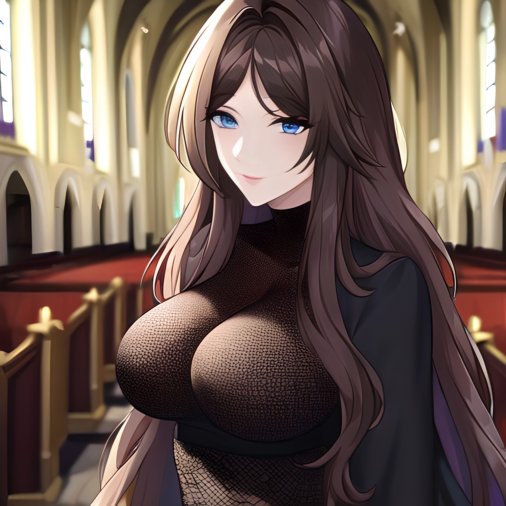 long hair messy hair woman church fishnet brunette