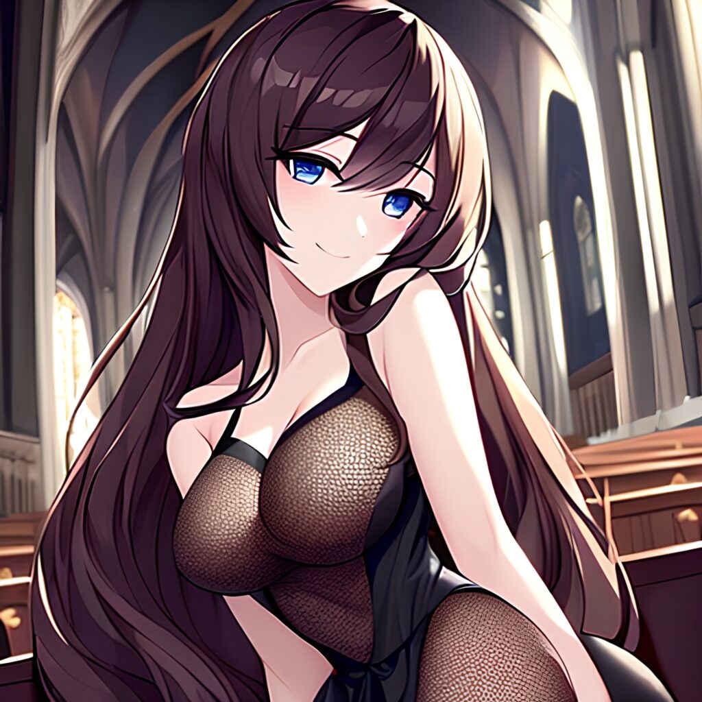 long hair woman brunette church fishnet messy hair 