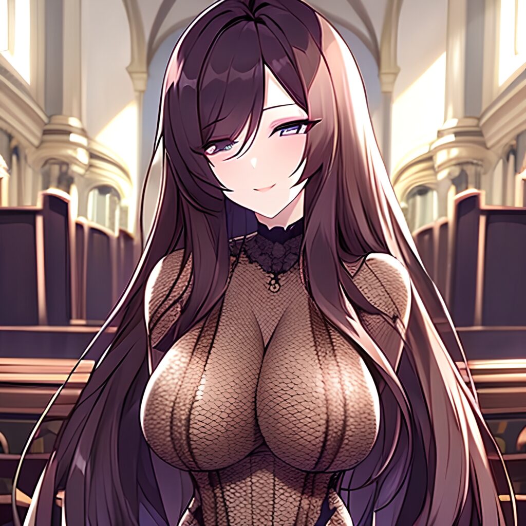 long hair woman brunette church fishnet messy hair