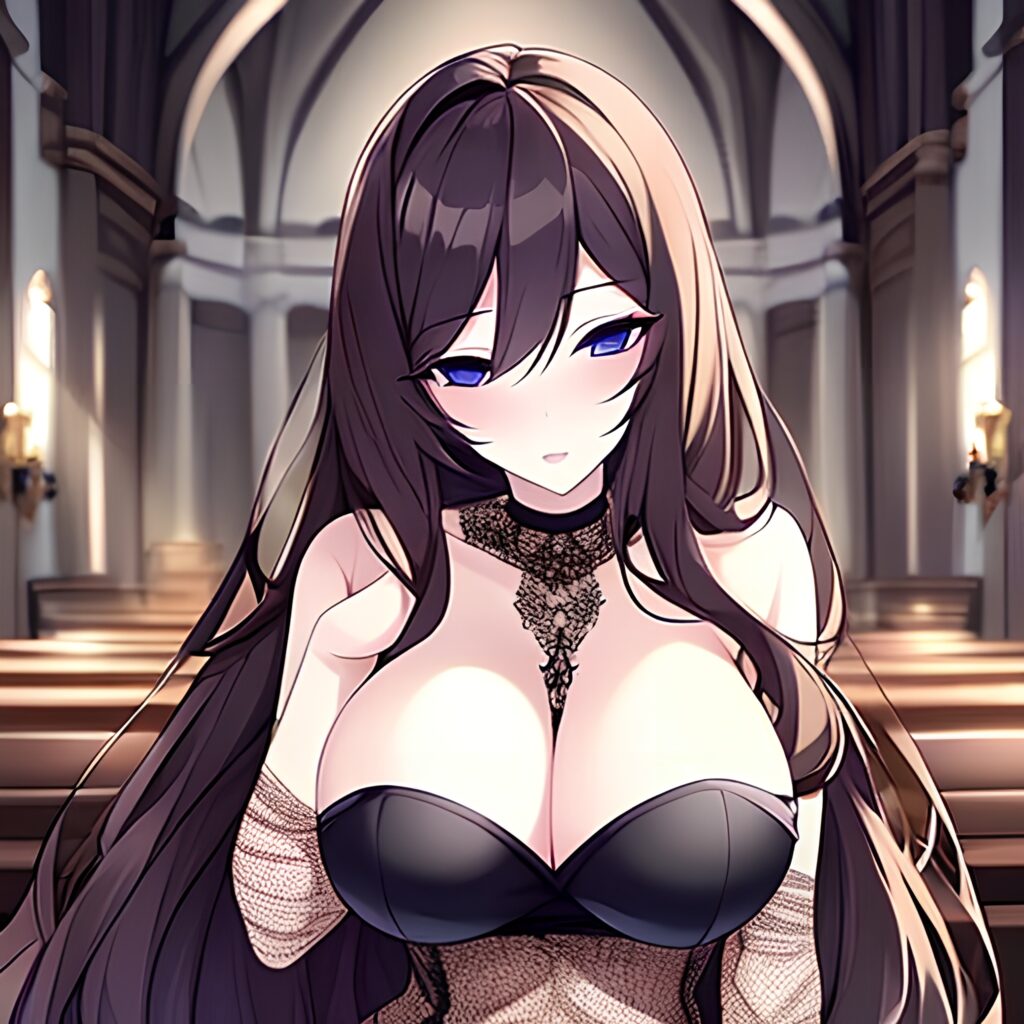 long hair woman brunette church fishnet messy hair 