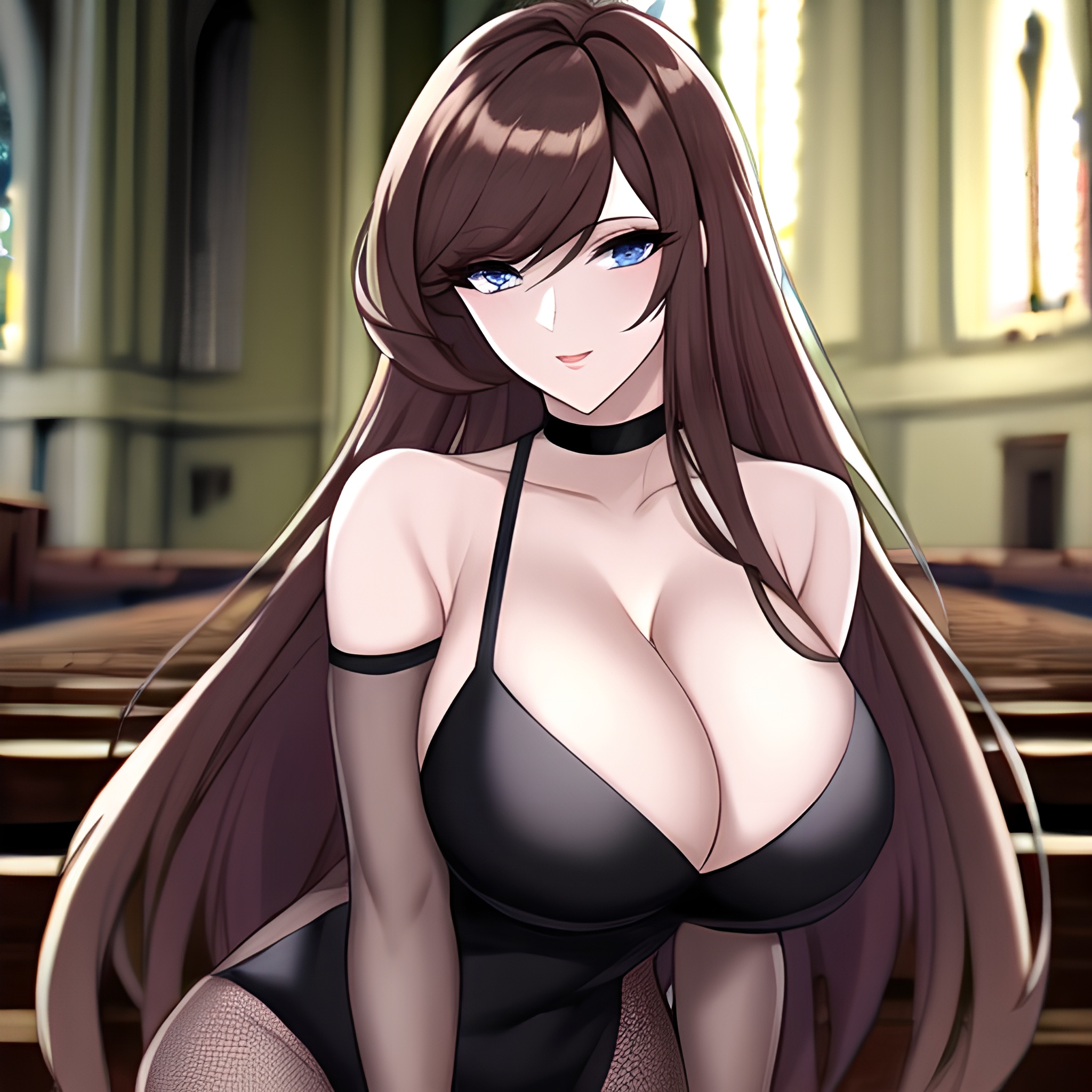 long hair woman brunette church fishnet messy hair