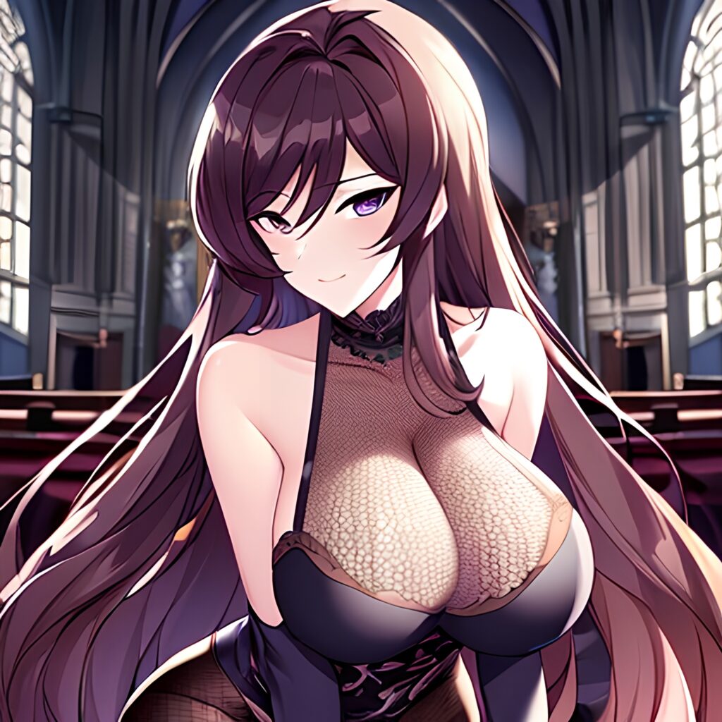 long hair woman brunette church fishnet messy hair