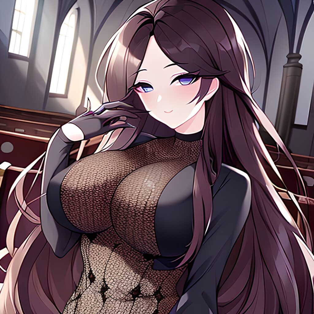 long hair woman brunette church fishnet messy hair
