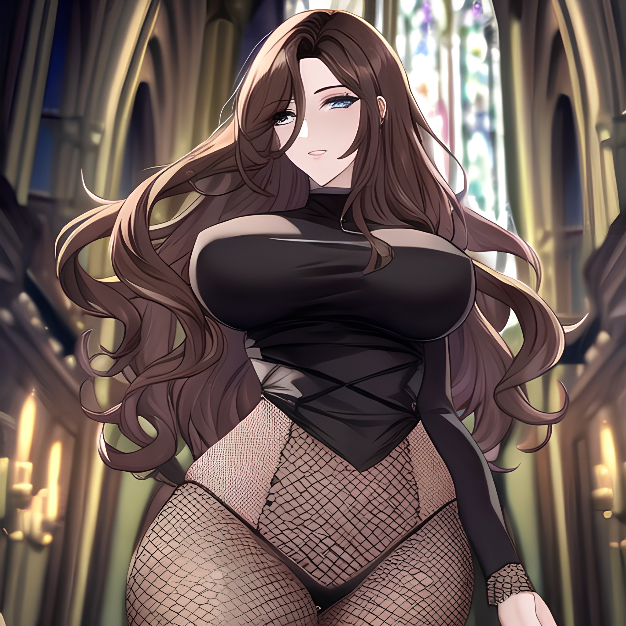 long hair woman brunette church messy hair fishnet 