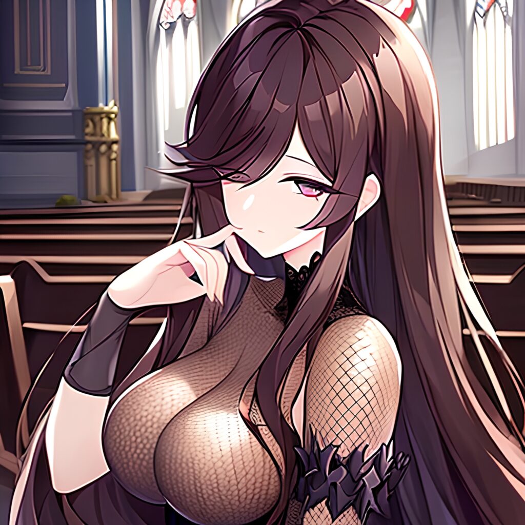 long hair woman brunette church messy hair fishnet