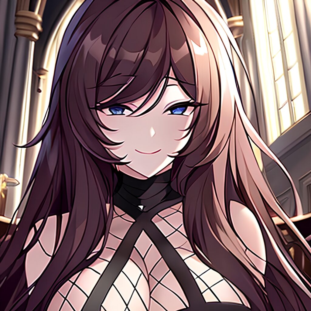 long hair woman brunette fishnet church messy hair 